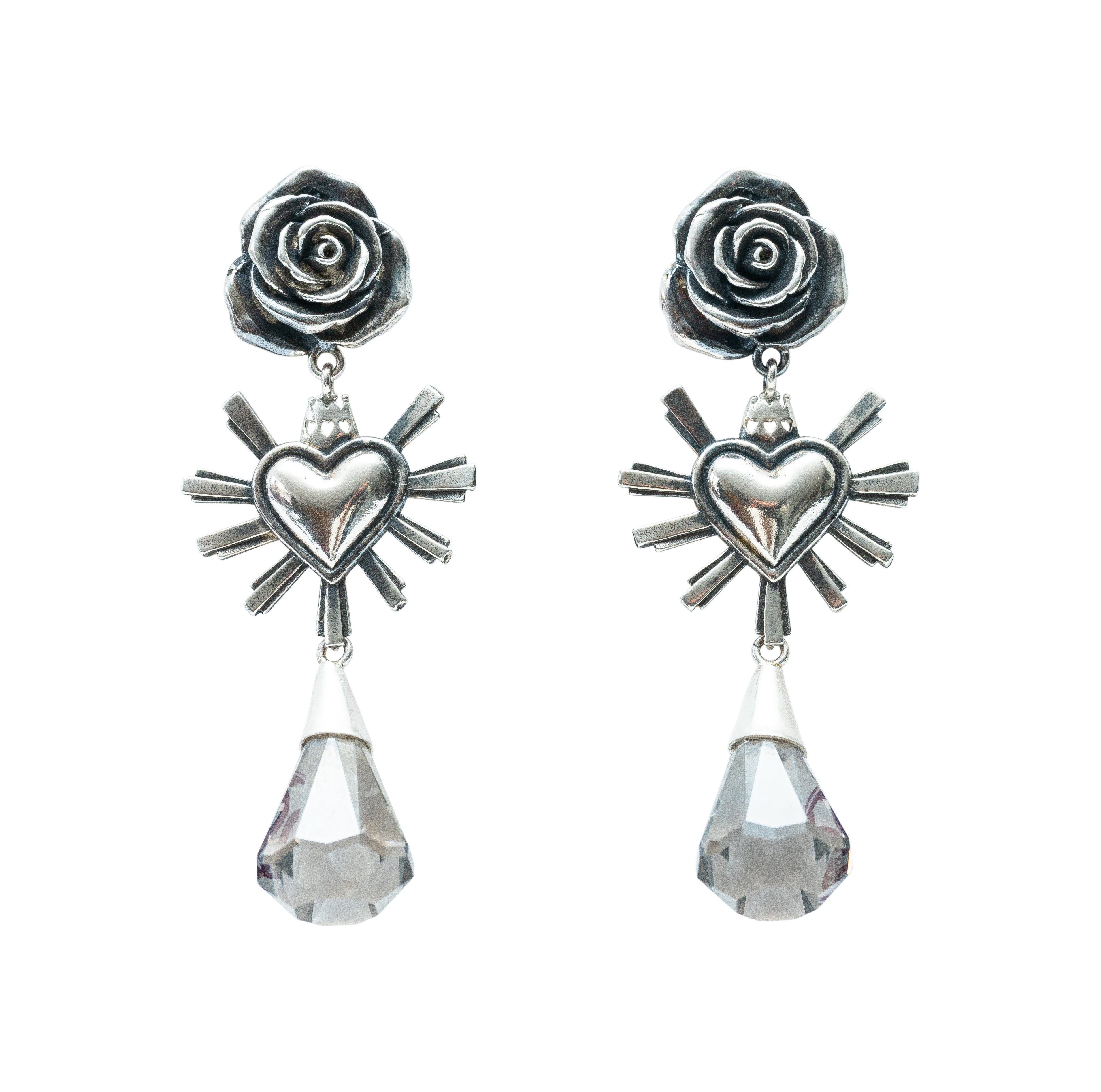 Aretes Amor entre Rosas, joya de plata .925, con cuarzo – Gabriela Sánchez