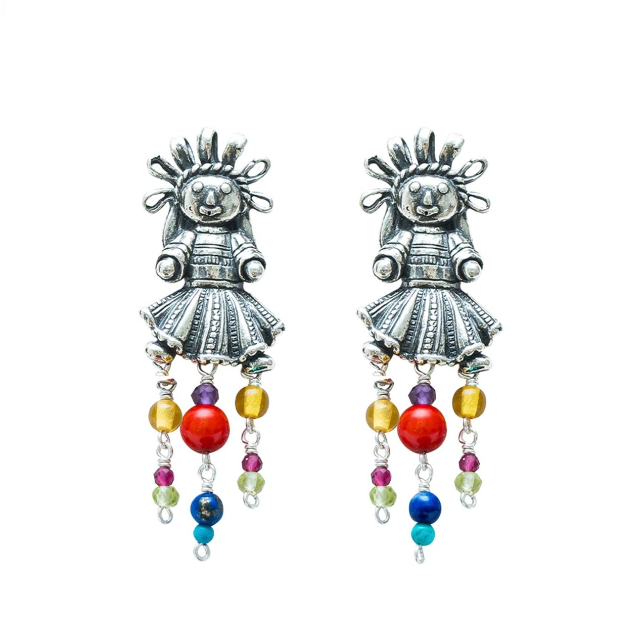 Aretes Muñecas Coral y Colores, joya de plata .925, con ámbar y amatista – Gabriela Sánchez