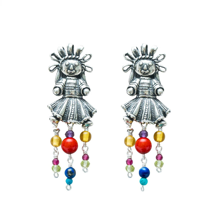 Aretes Muñecas Coral y Colores, joya de plata .925, con ámbar y amatista – Gabriela Sánchez