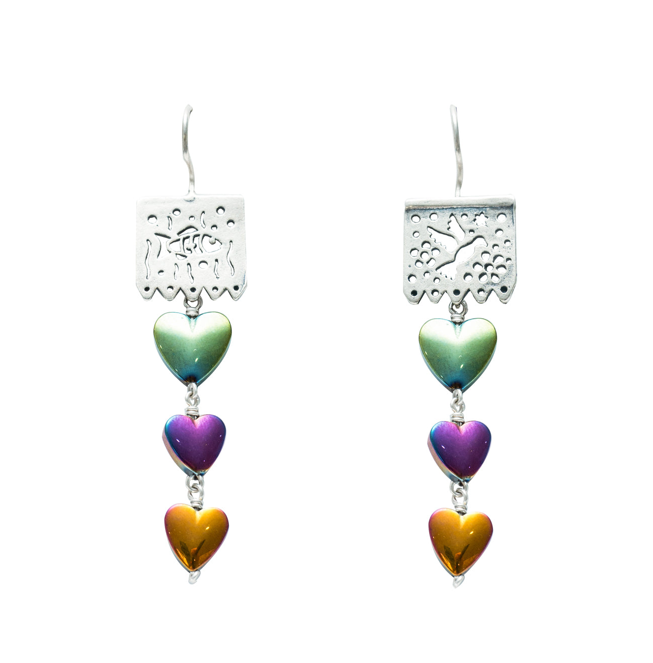 Aretes Papel Picado Tornasol, joya de plata .925, con hematita – Gabriela Sánchez (vista 2)