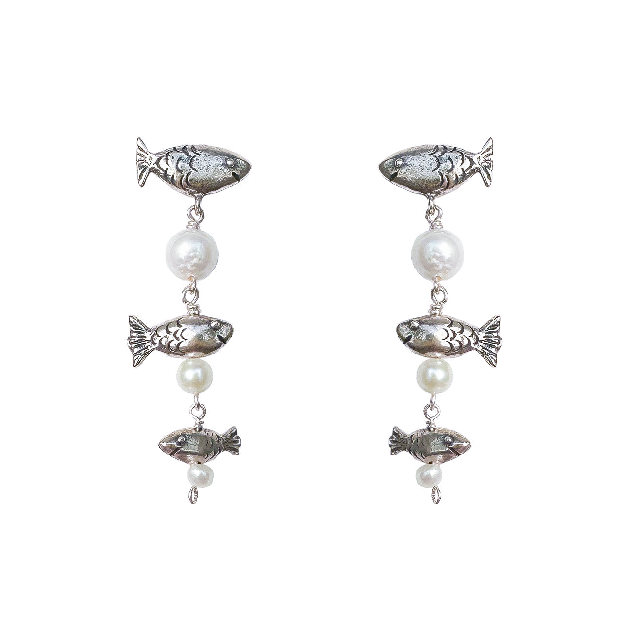Aretes Trío de peces, joya de plata .925, con perla – Gabriela Sánchez