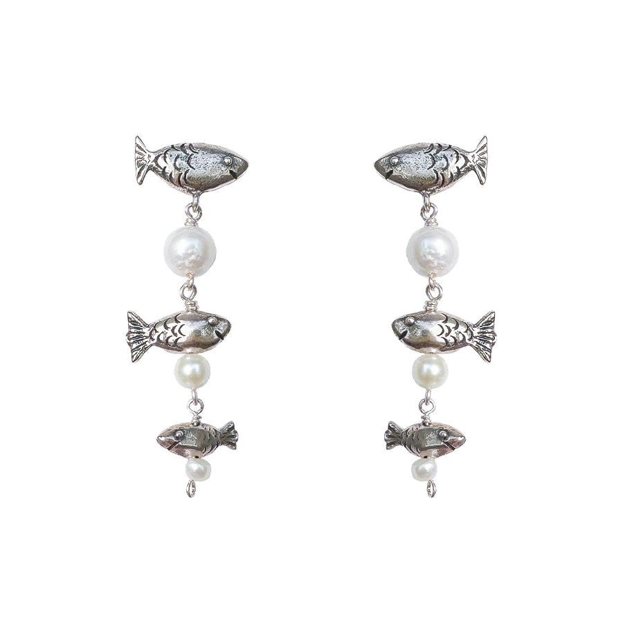 Aretes Trío de peces, joya de plata .925, con perla – Gabriela Sánchez