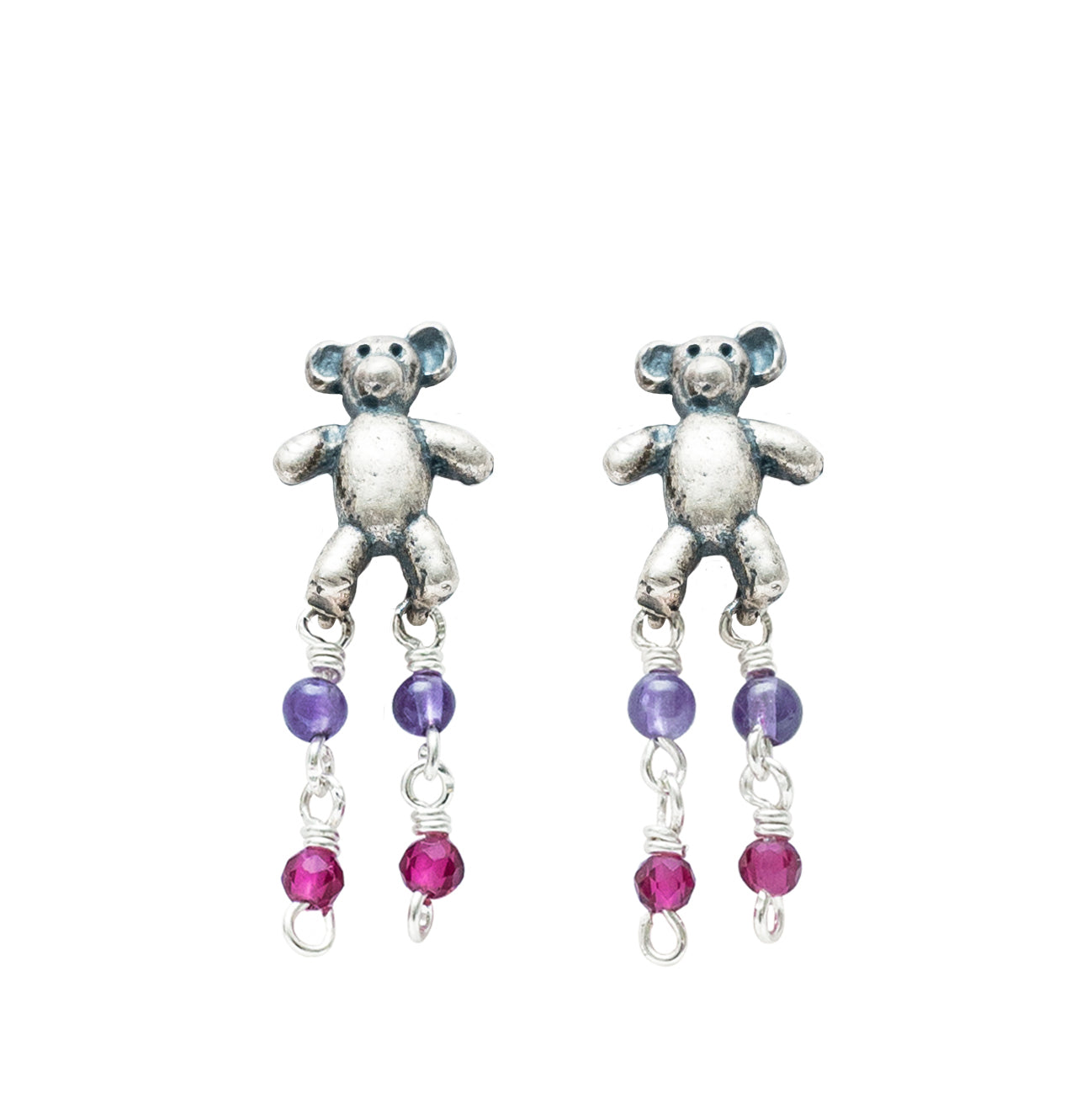 Aretes Osito De Peluche, joya de plata .925, con hematita y amatista – Gabriela Sánchez (vista 2)