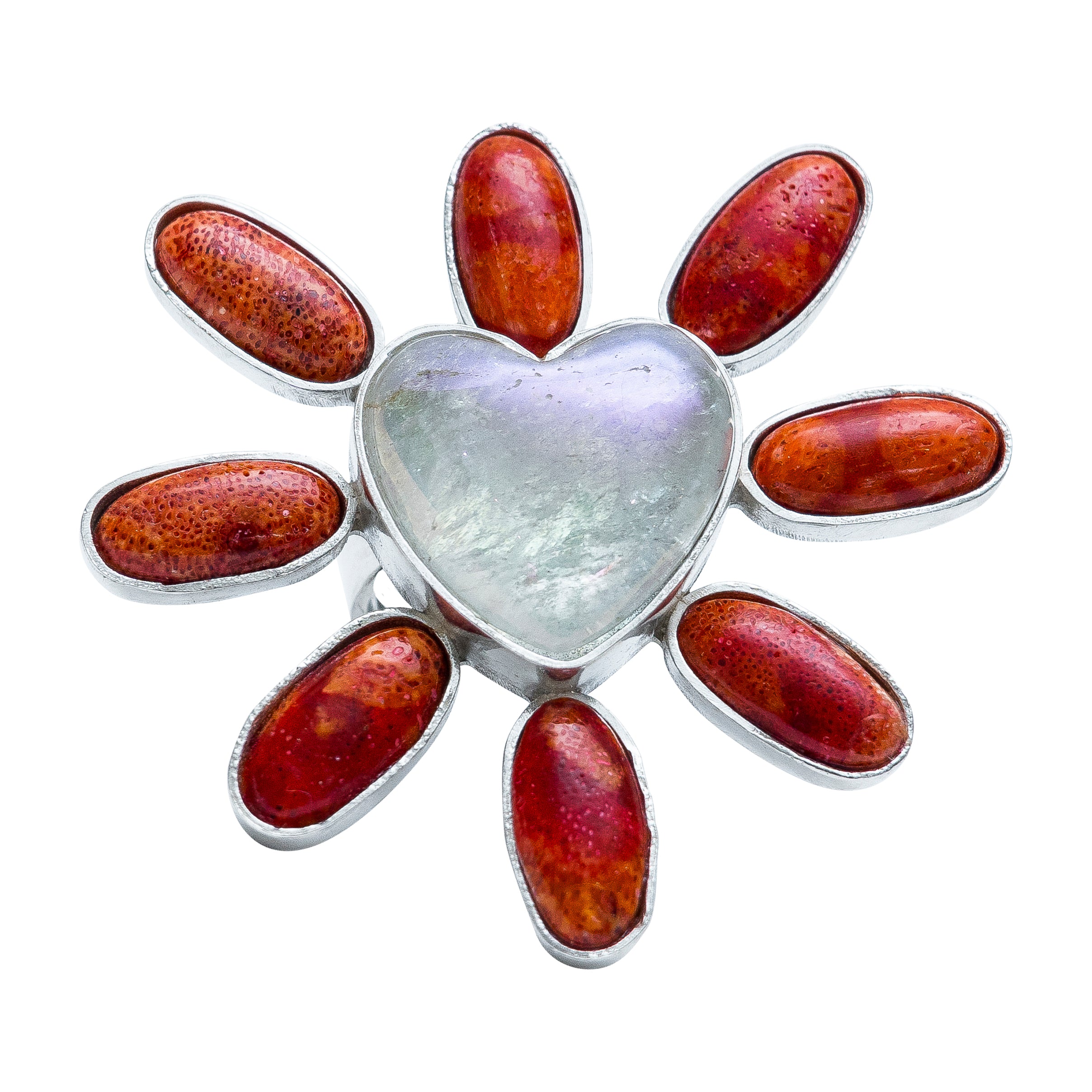 Anillo Tornasol Rojo, joya de plata .925, con cuarzo y coral – Gabriela Sánchez
