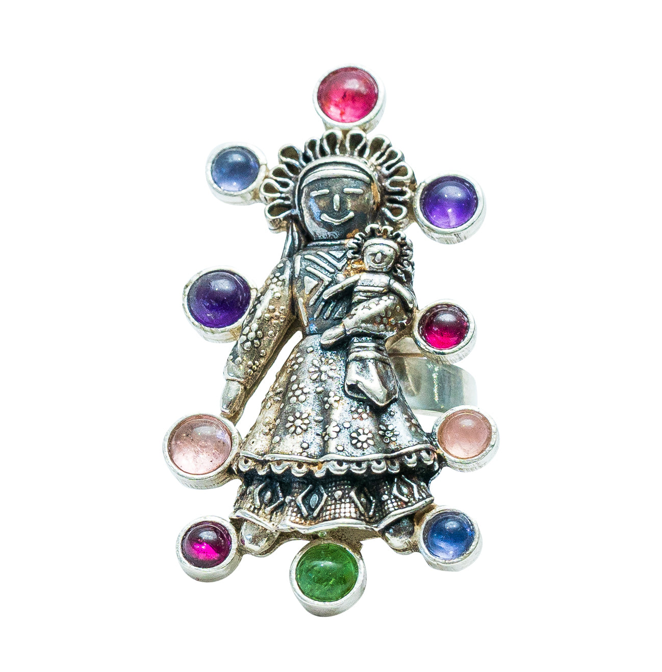 Anillo Abrazo de Mamá, joya de plata .925, con granate y gemas de colores – Gabriela Sánchez