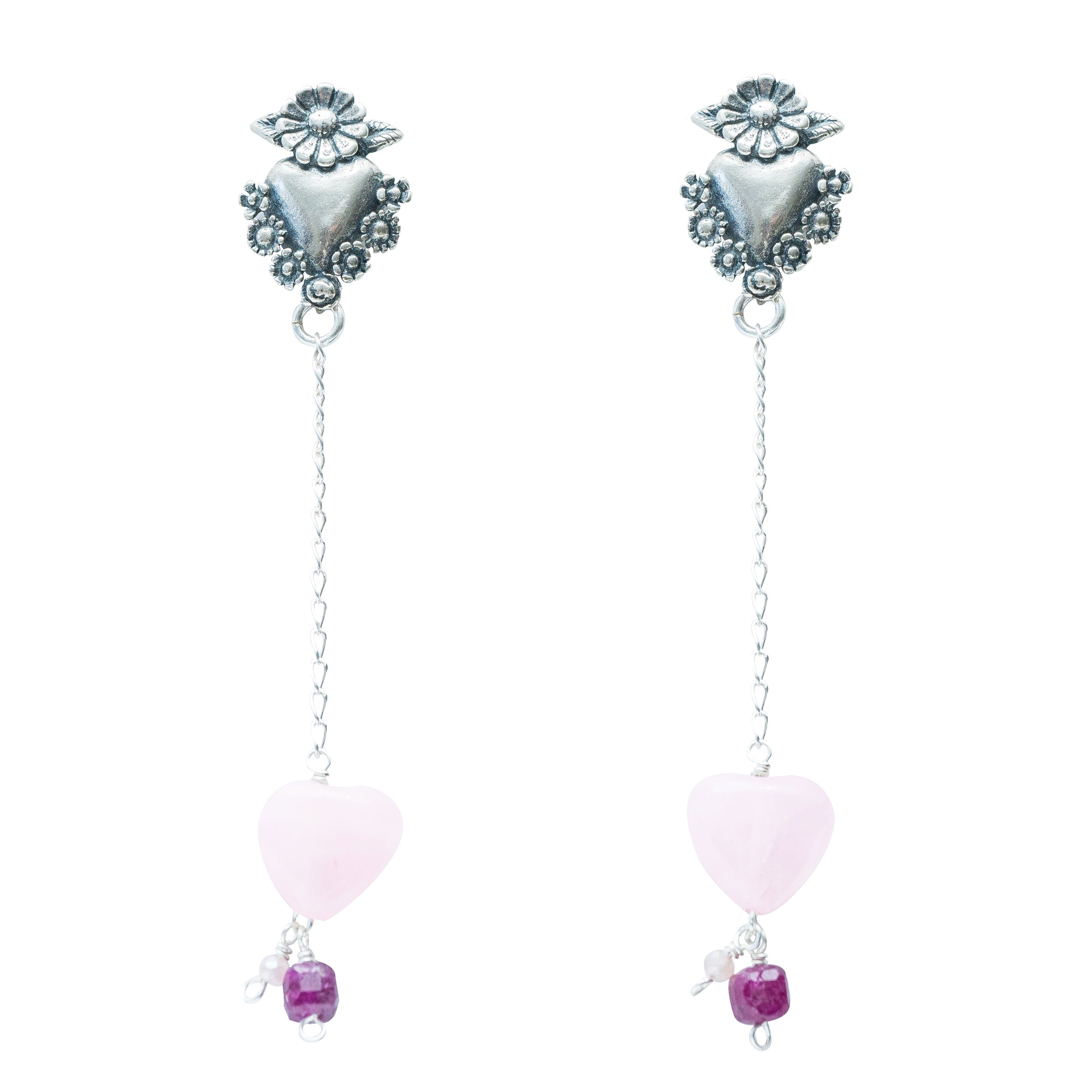 Aretes Fiesta Rosa, joya de plata .925, con cuarzo y rubí – Gabriela Sánchez (vista 2)