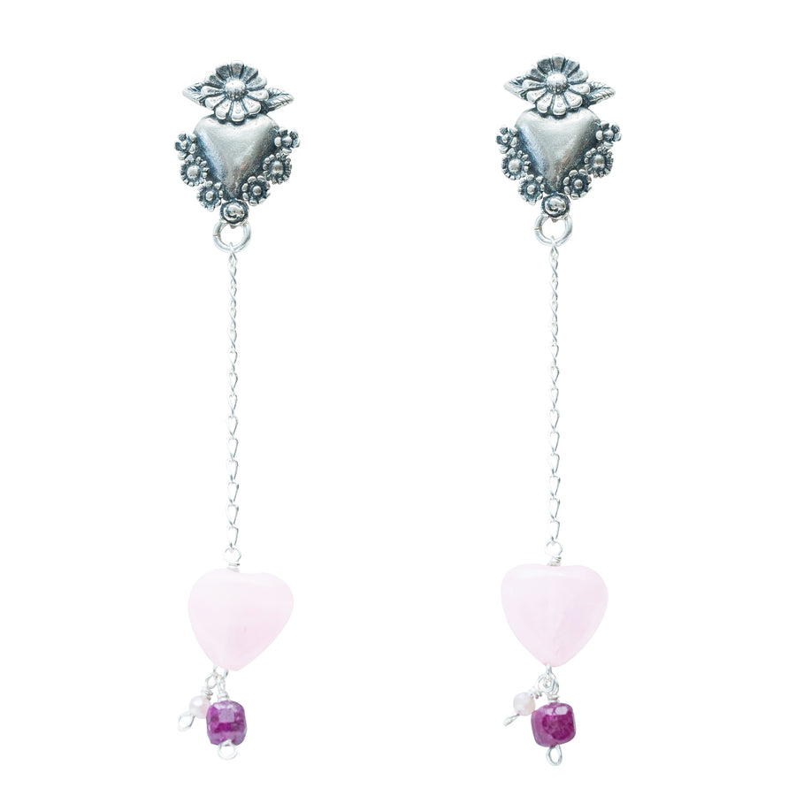Aretes Fiesta Rosa, joya de plata .925, con cuarzo y rubí – Gabriela Sánchez (vista 2)