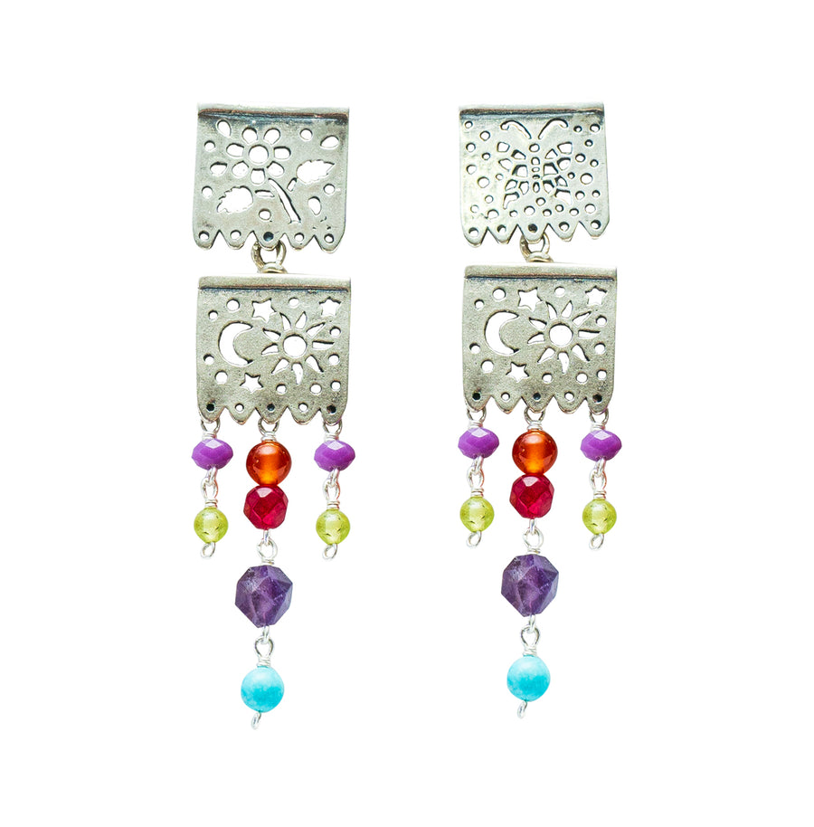 Aretes Fiesta Papel Picado, joya de plata .925, con amatista y turquesa – Gabriela Sánchez