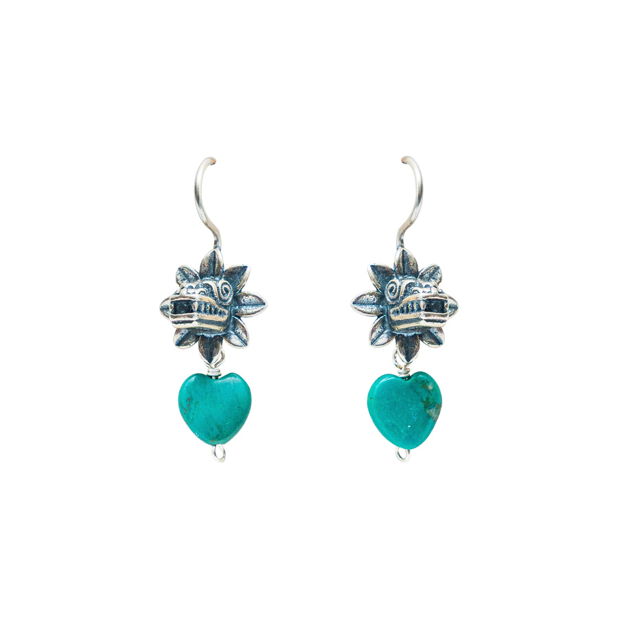 Aretes Corazón de Quetzalcóatl, joya de plata .925, con turquesa – Gabriela Sánchez