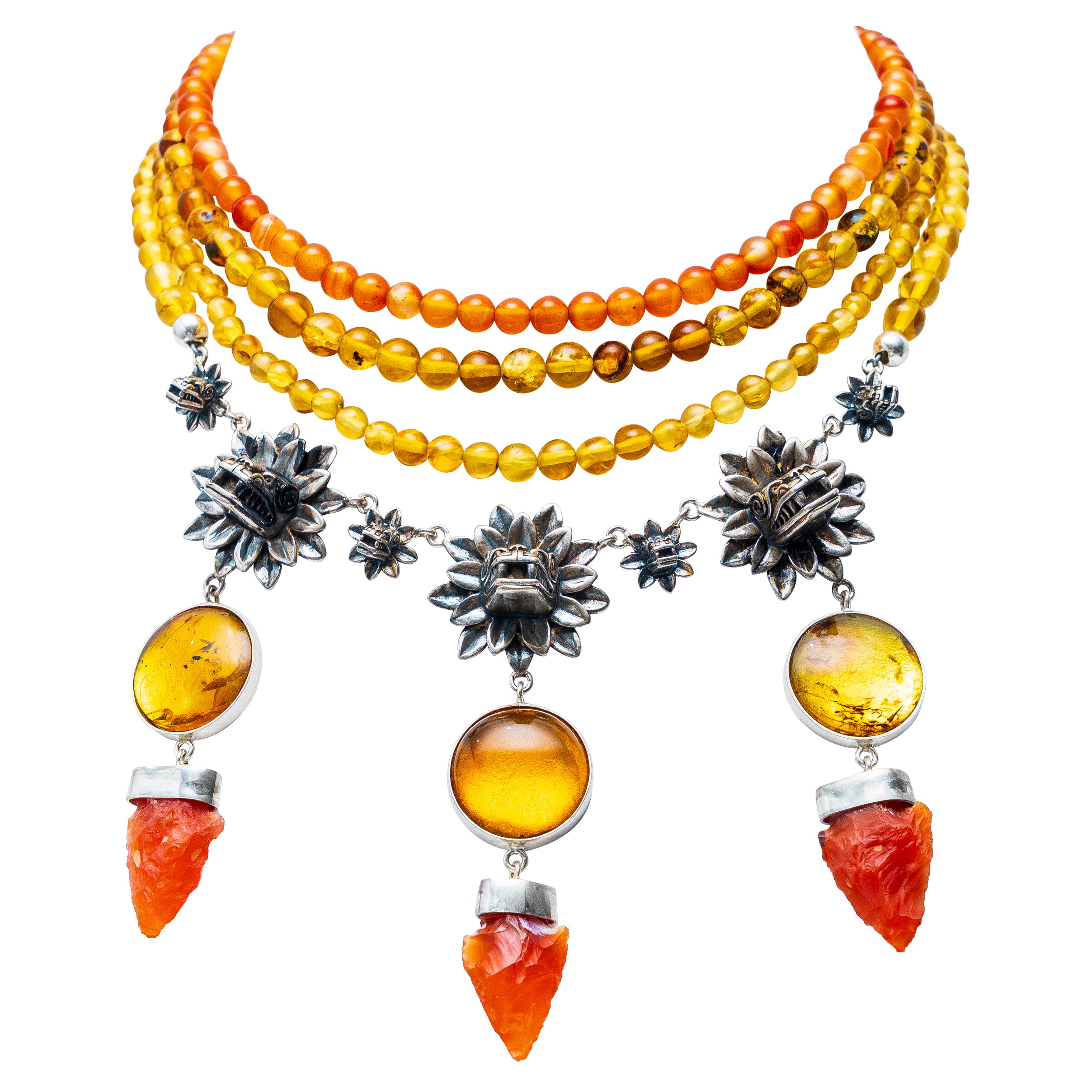 Collar Punta de Flecha, joya de plata .925, con cornalina y ámbar – Gabriela Sánchez