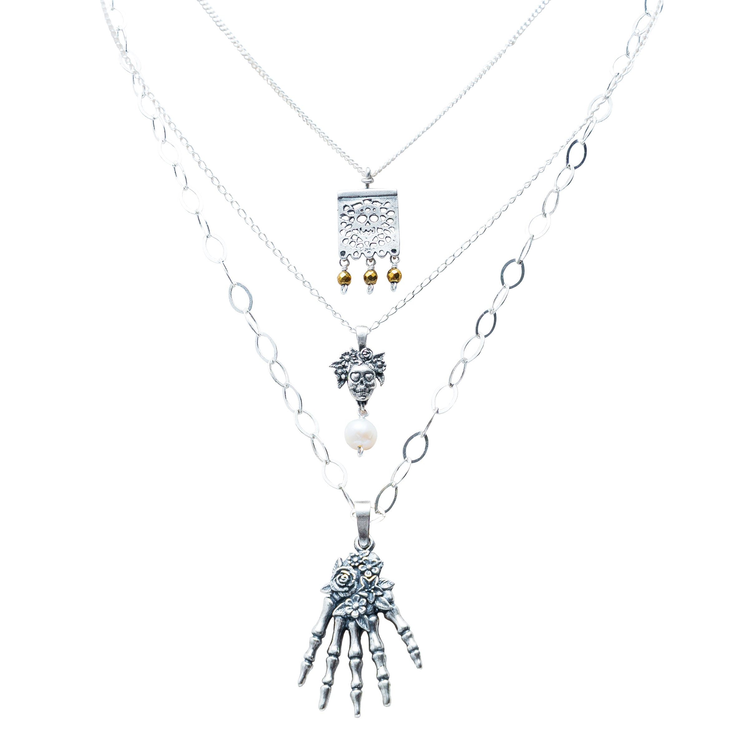 Set Huesitos de Plata, joya de plata .925, con hematita y perla – Gabriela Sánchez (vista 2)