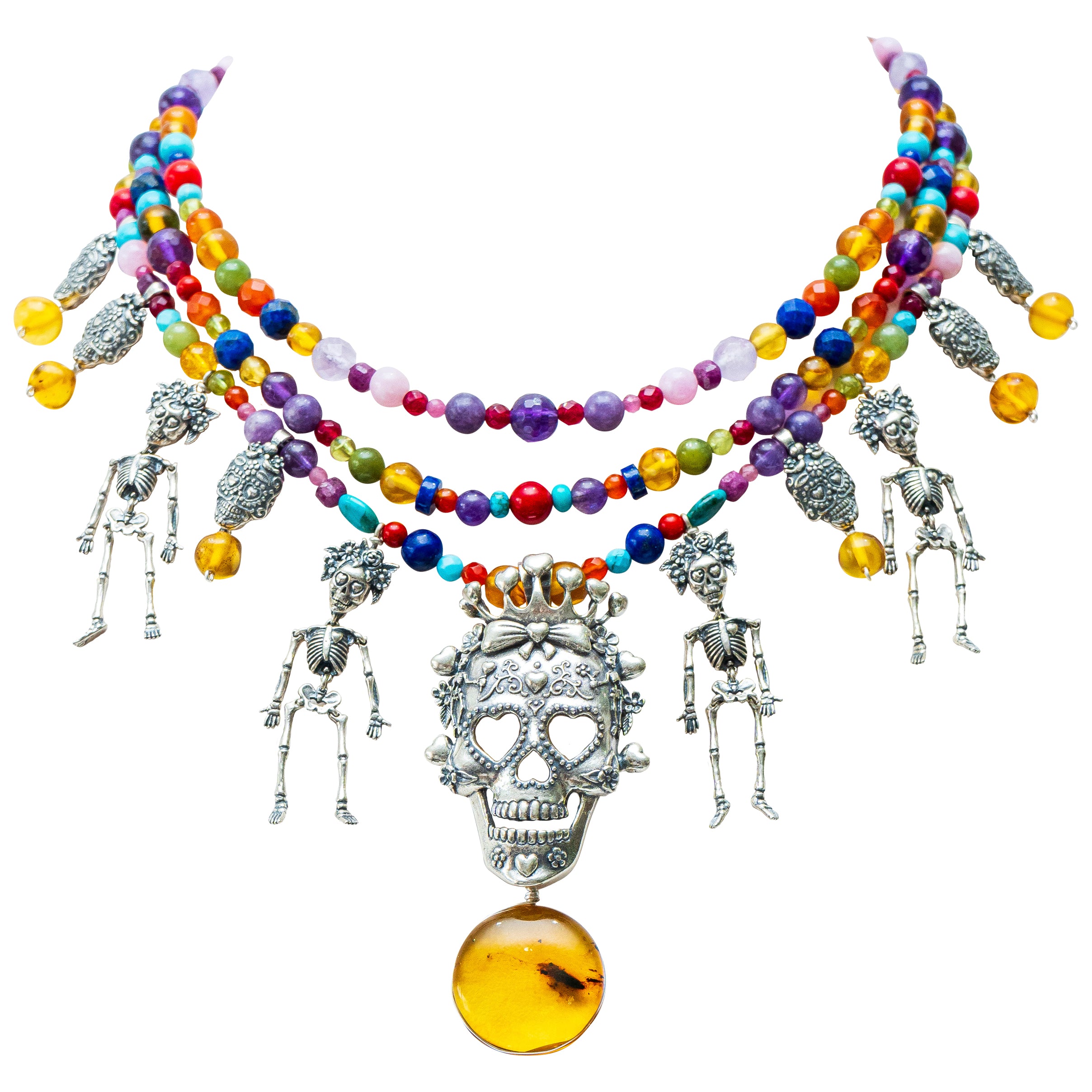 Collar Catrina Reina Mexicana, joya de plata .925, con ámbar y coral – Gabriela Sánchez