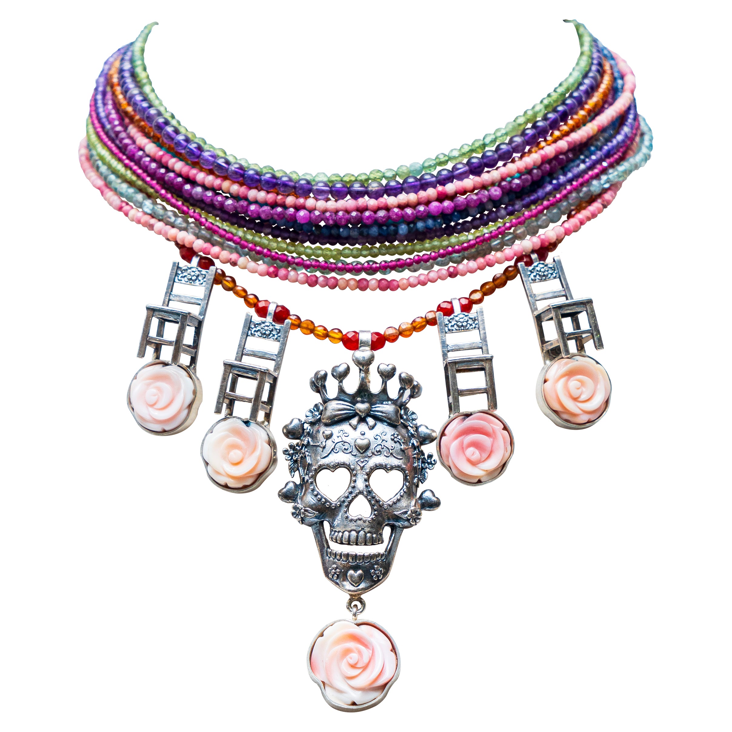 Collar La Comadre, joya de plata .925, con concha y gemas de colores – Gabriela Sánchez