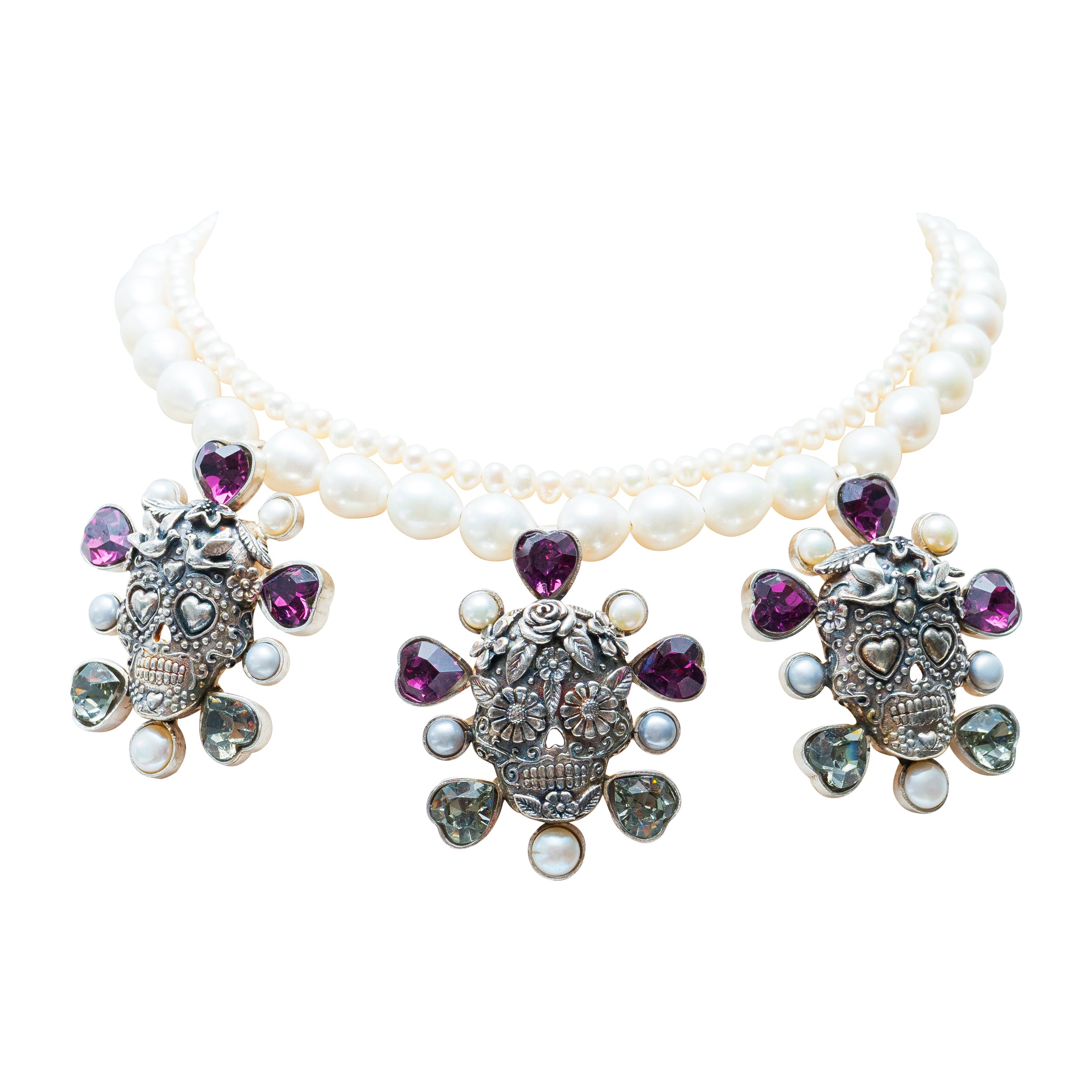 Collar Calaverita Glaseada, joya de plata .925, con perla y cristal Swarovski – Gabriela Sánchez