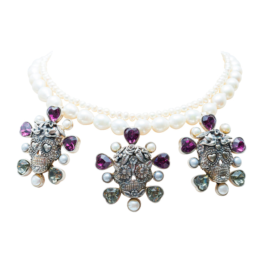 Collar Calaverita Glaseada, joya de plata .925, con perla y cristal Swarovski – Gabriela Sánchez