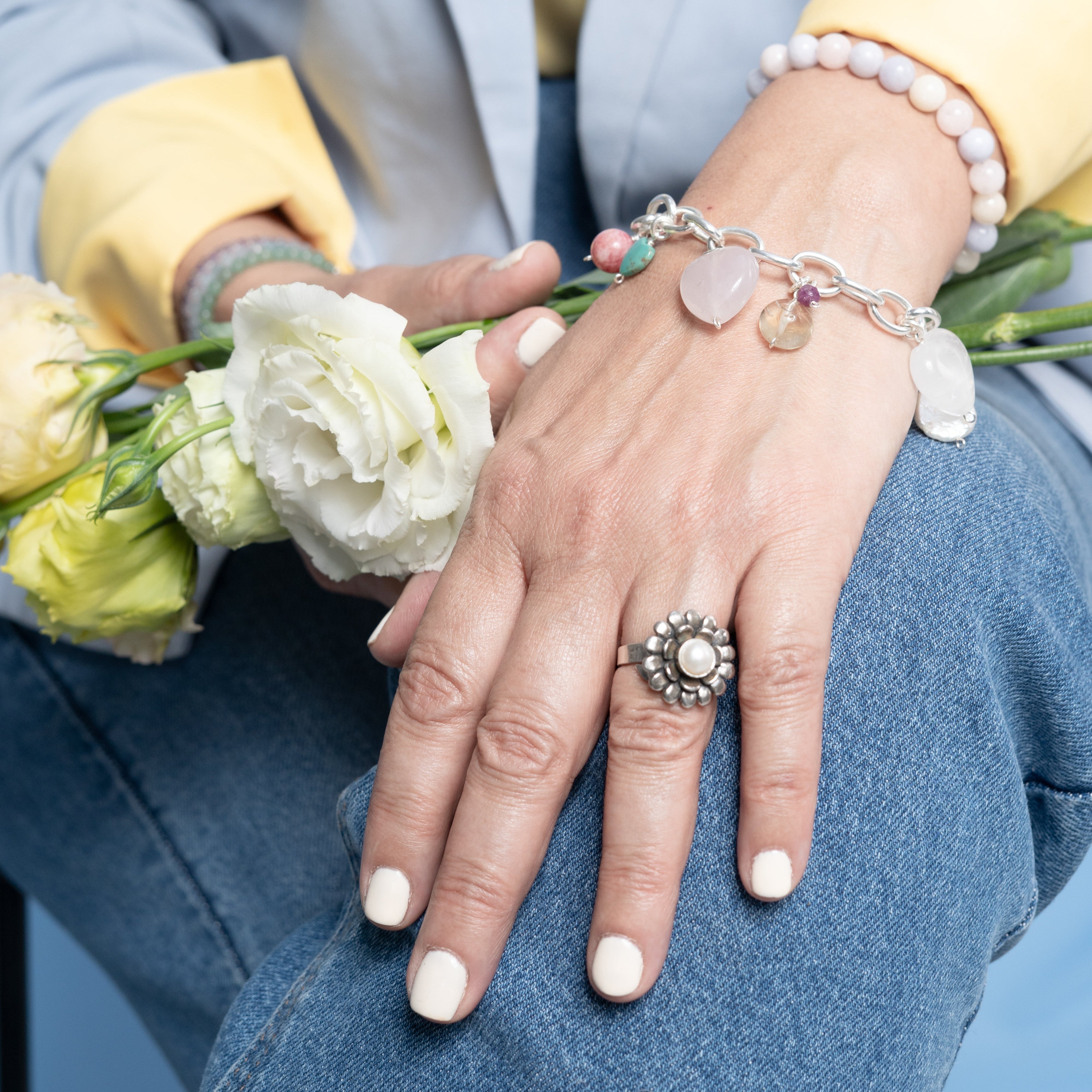 Anillo Girasol de Ensueño, joya de plata .925, con perla – Gabriela Sánchez (vista 2)