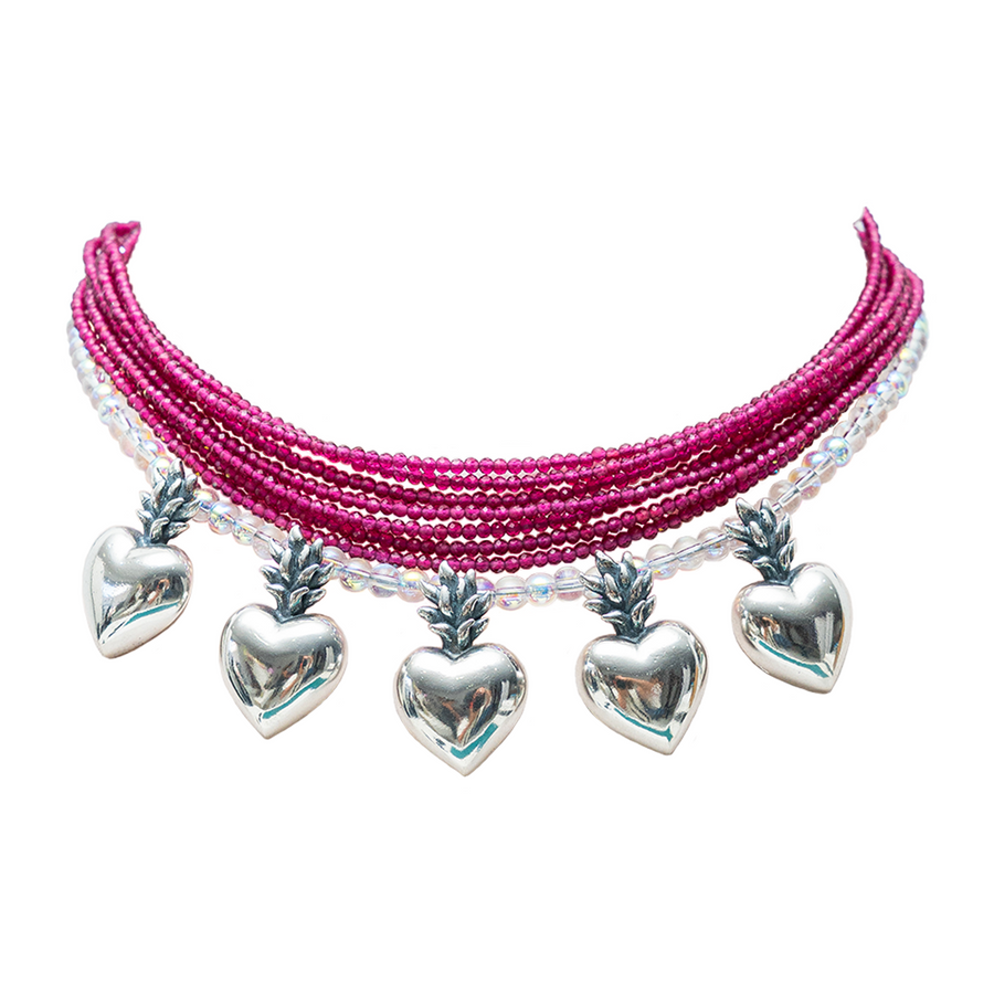 Choker Pasión Sagrada, joya de plata .925, con rubí y cuarzo tornasol – Gabriela Sánchez