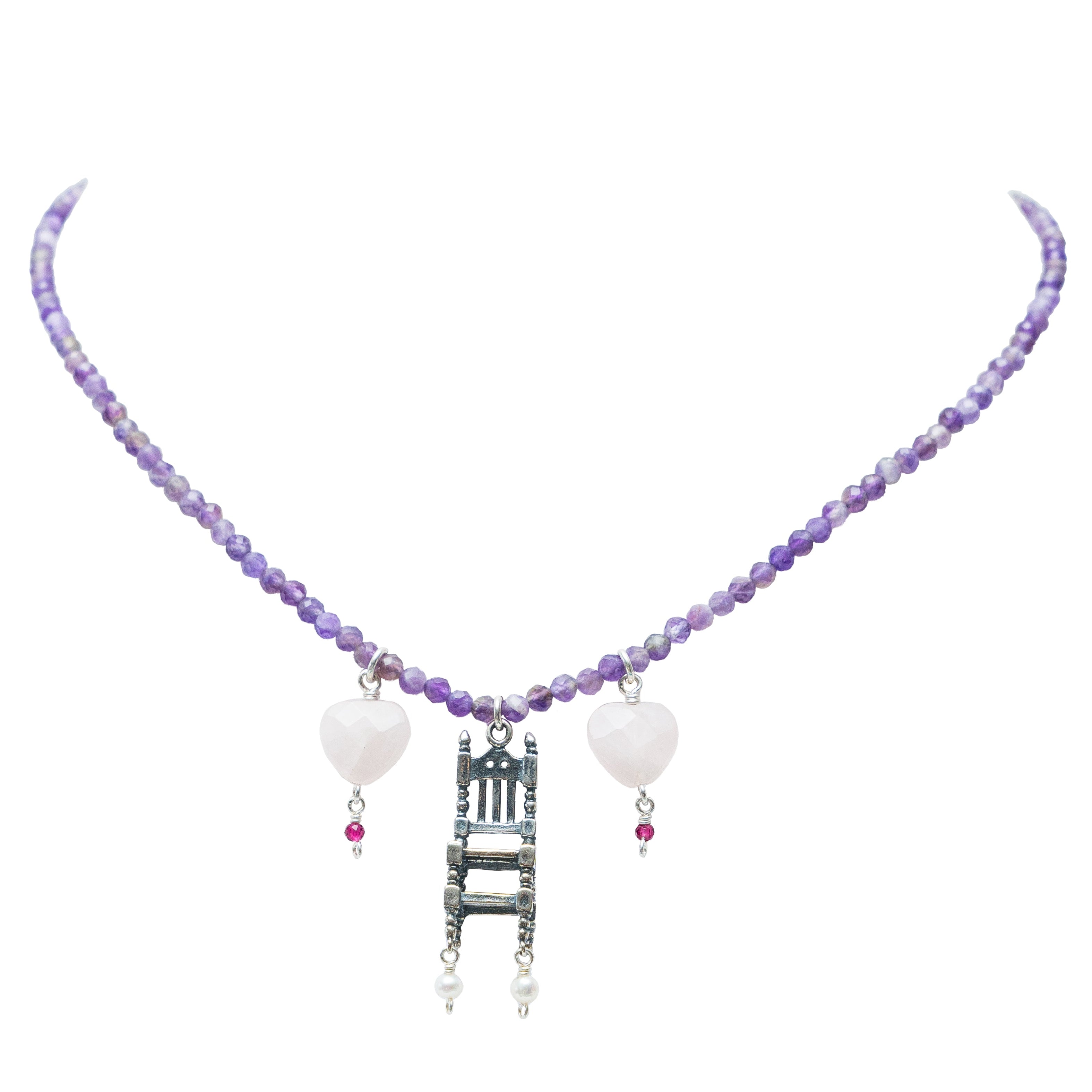 Collar Silla de Armonía, joya de plata .925, con amatista y cuarzo rosa – Gabriela Sánchez