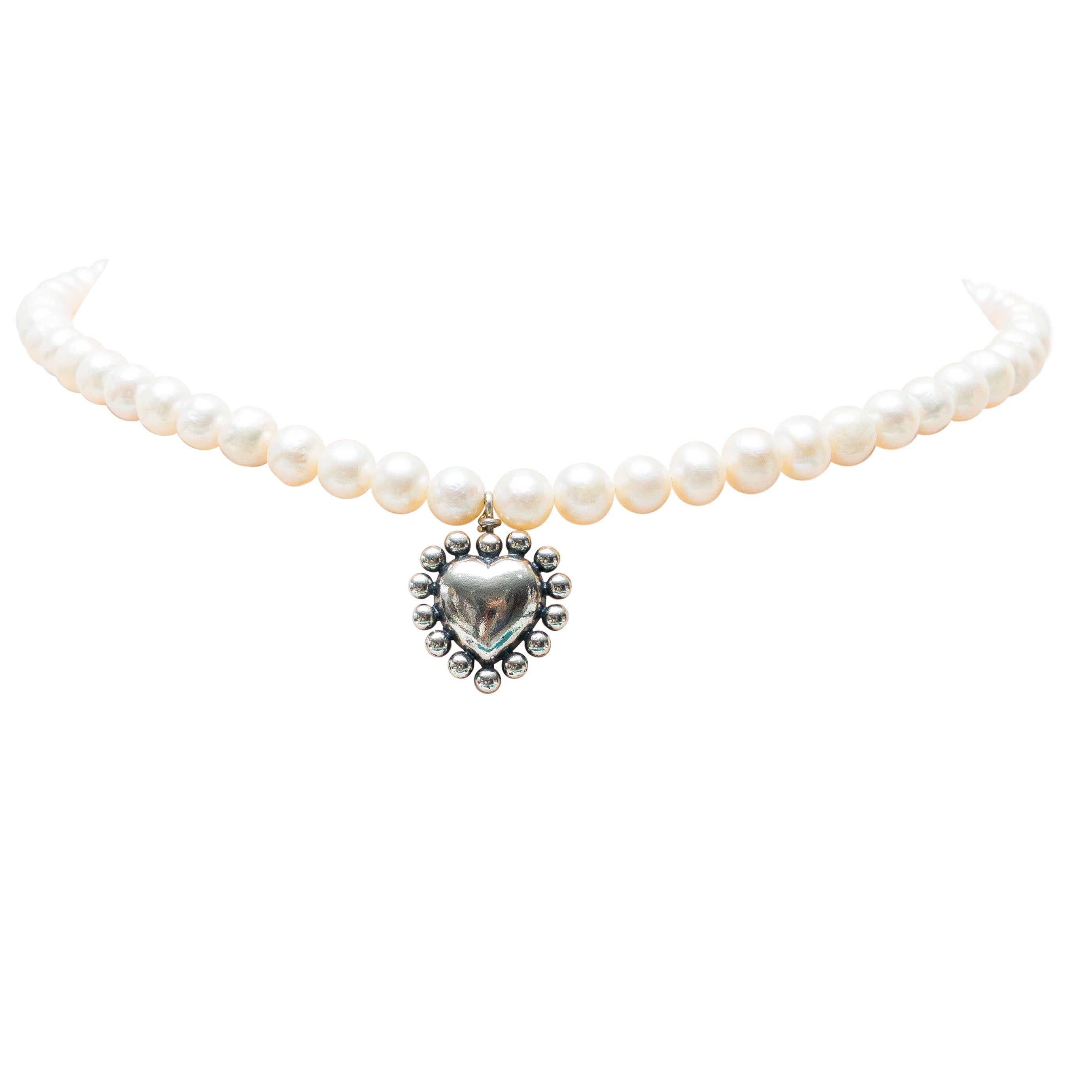 Collar Corazón Puntos Perlitas, joya de plata .925, con perla – Gabriela Sánchez