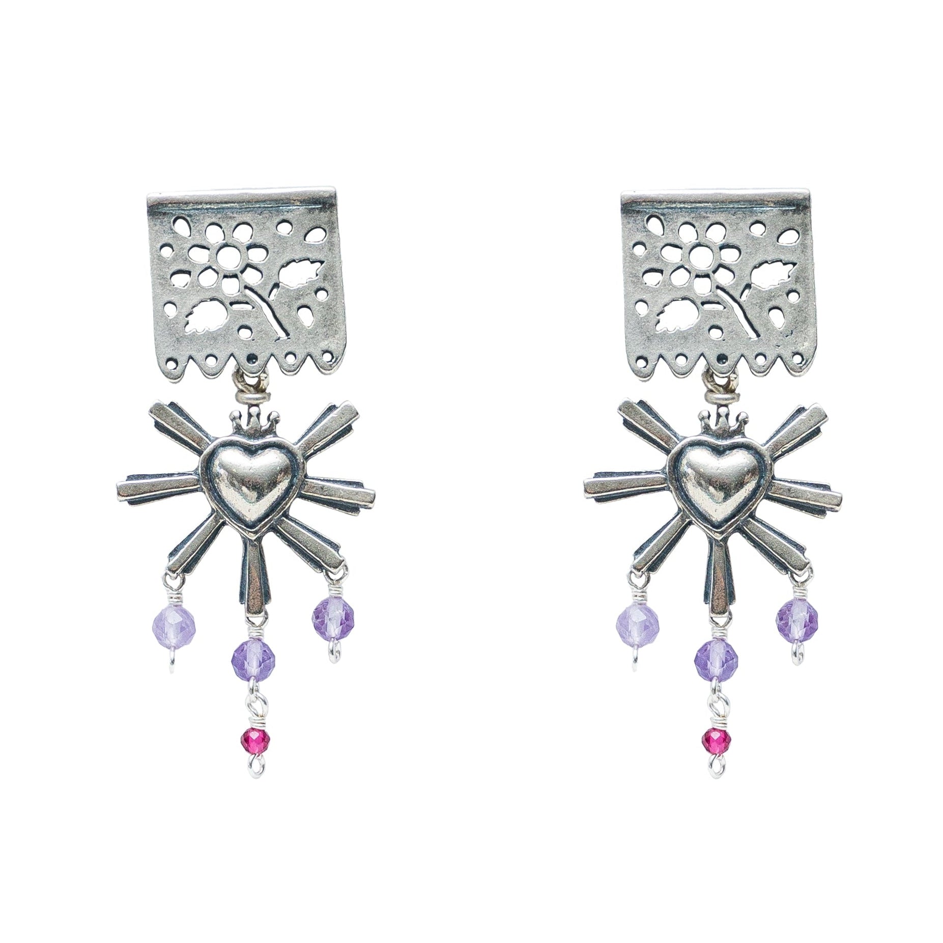 Aretes Amor de Fiesta, joya de plata .925, con amatista y rubí – Gabriela Sánchez