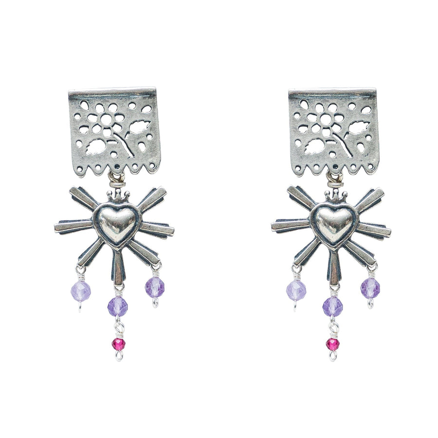 Aretes Amor de Fiesta, joya de plata .925, con amatista y rubí – Gabriela Sánchez