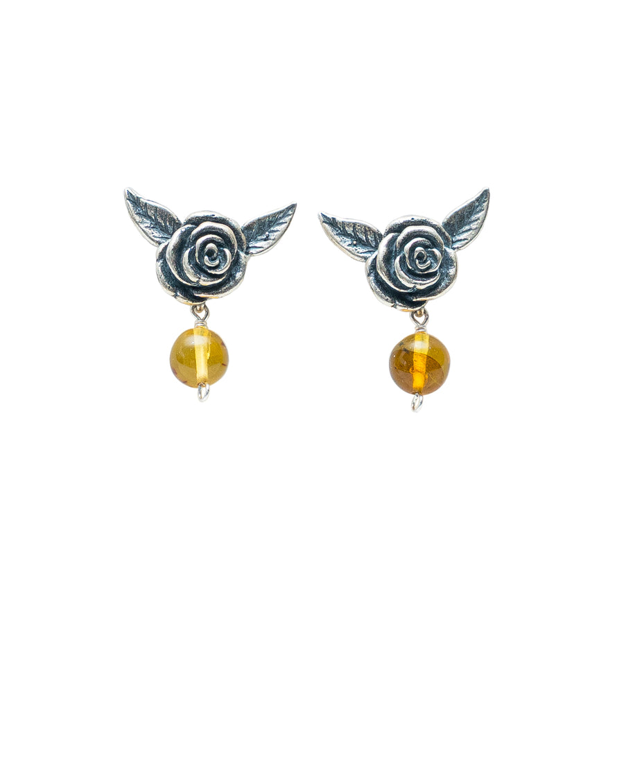 Aretes Flor Miel, joya de plata .925, con ámbar – Gabriela Sánchez