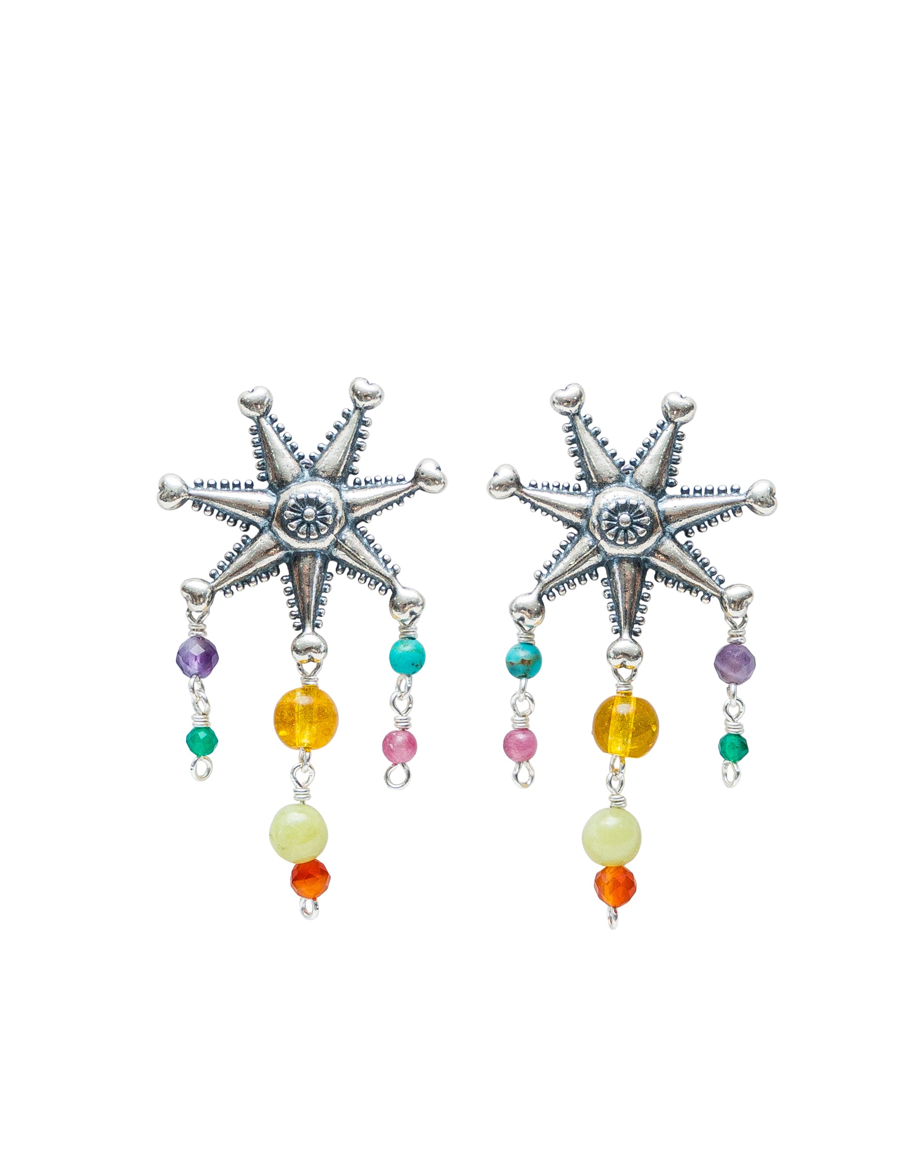 Aretes Mucha Fiesta Colorida, joya de plata .925, con amatista y turquesa – Gabriela Sánchez