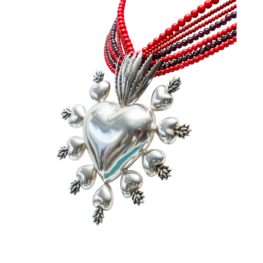 Collar Corazón de Fuego, joya de plata .925, con coral y gemas de colores – Gabriela Sánchez (vista 3)