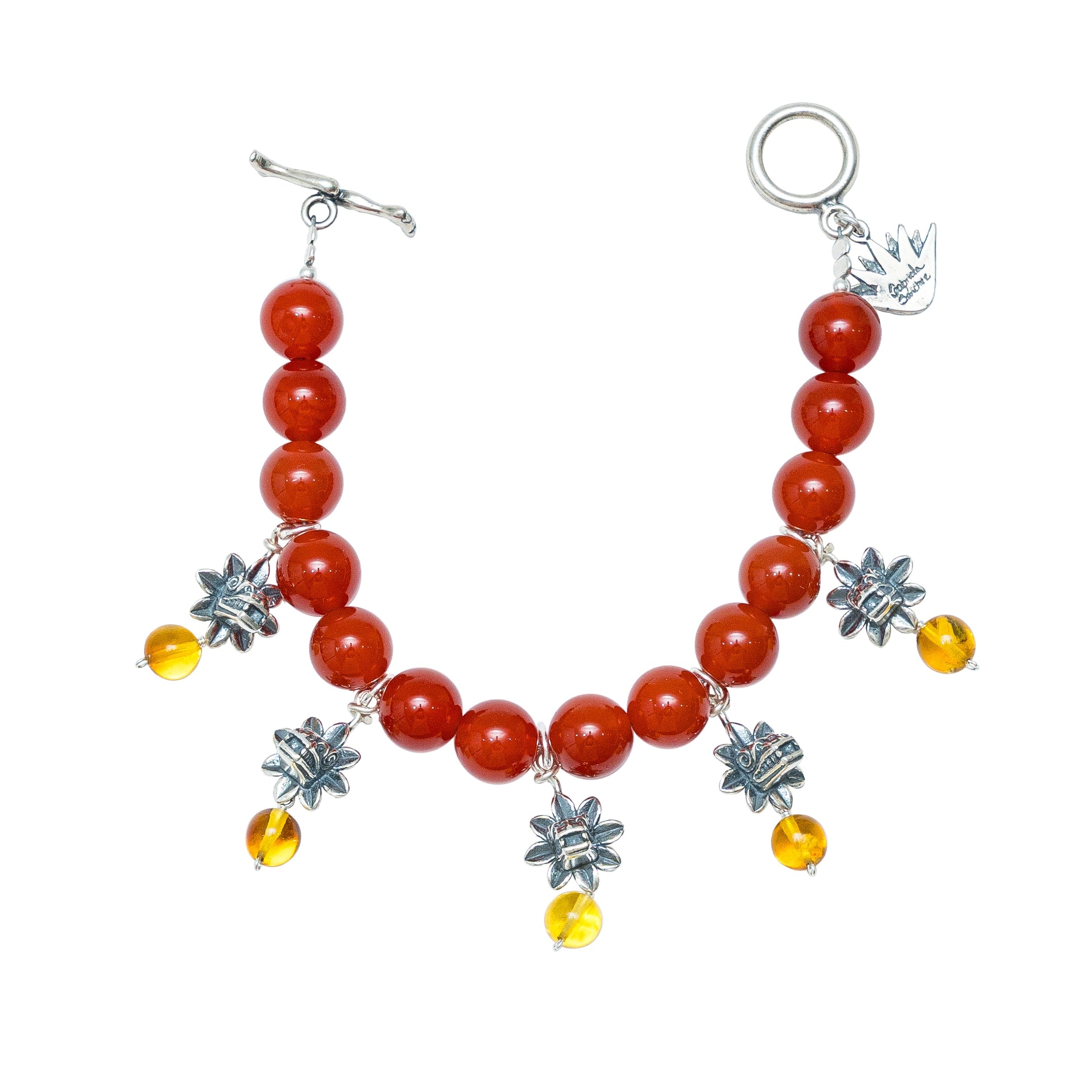 Pulsera Quetzalcóatl Dorado, joya de plata .925, con cornalina y ámbar – Gabriela Sánchez