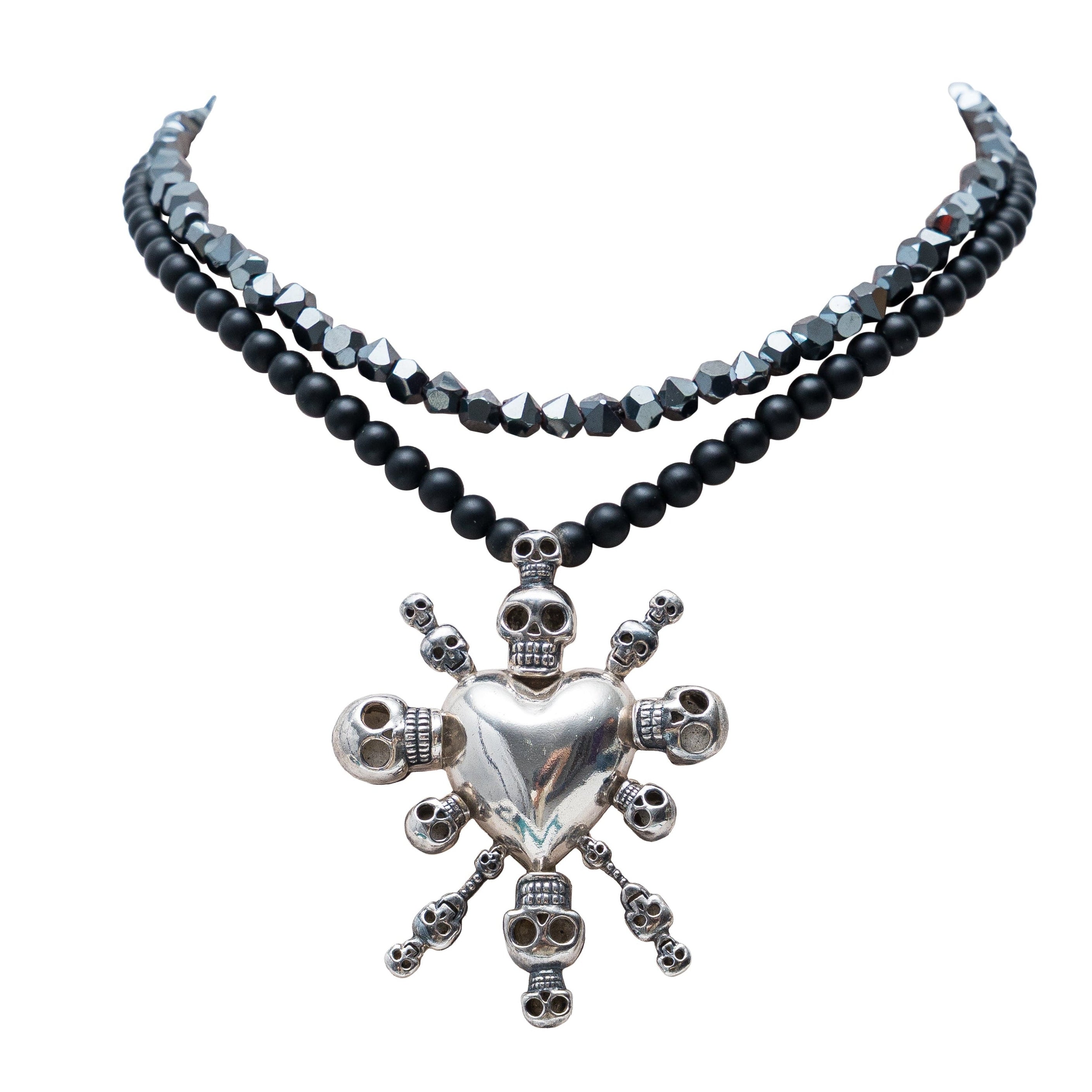 Collar Tzompantli Estelar chico, joya de plata .925, con obsidiana y hematita – Gabriela Sánchez