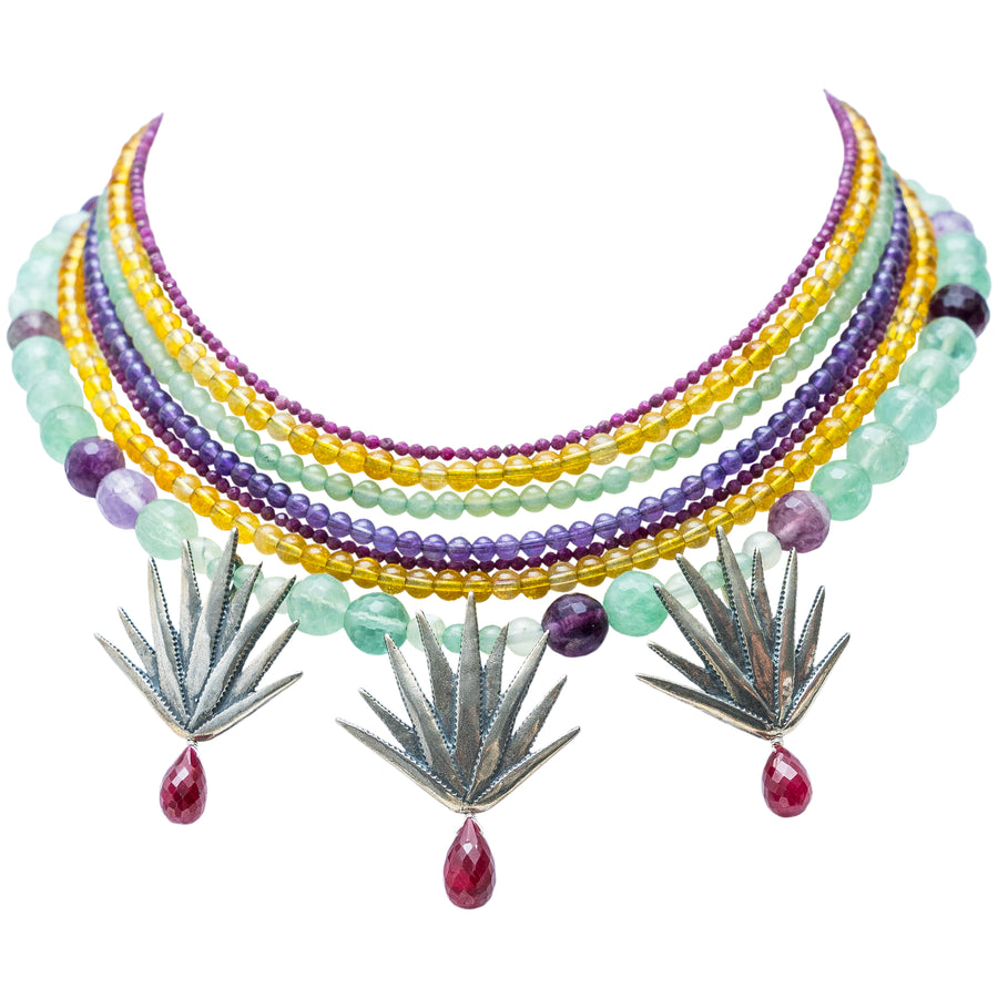 Collar Atardecer Bonito, joya de plata .925, con rubí y ámbar – Gabriela Sánchez