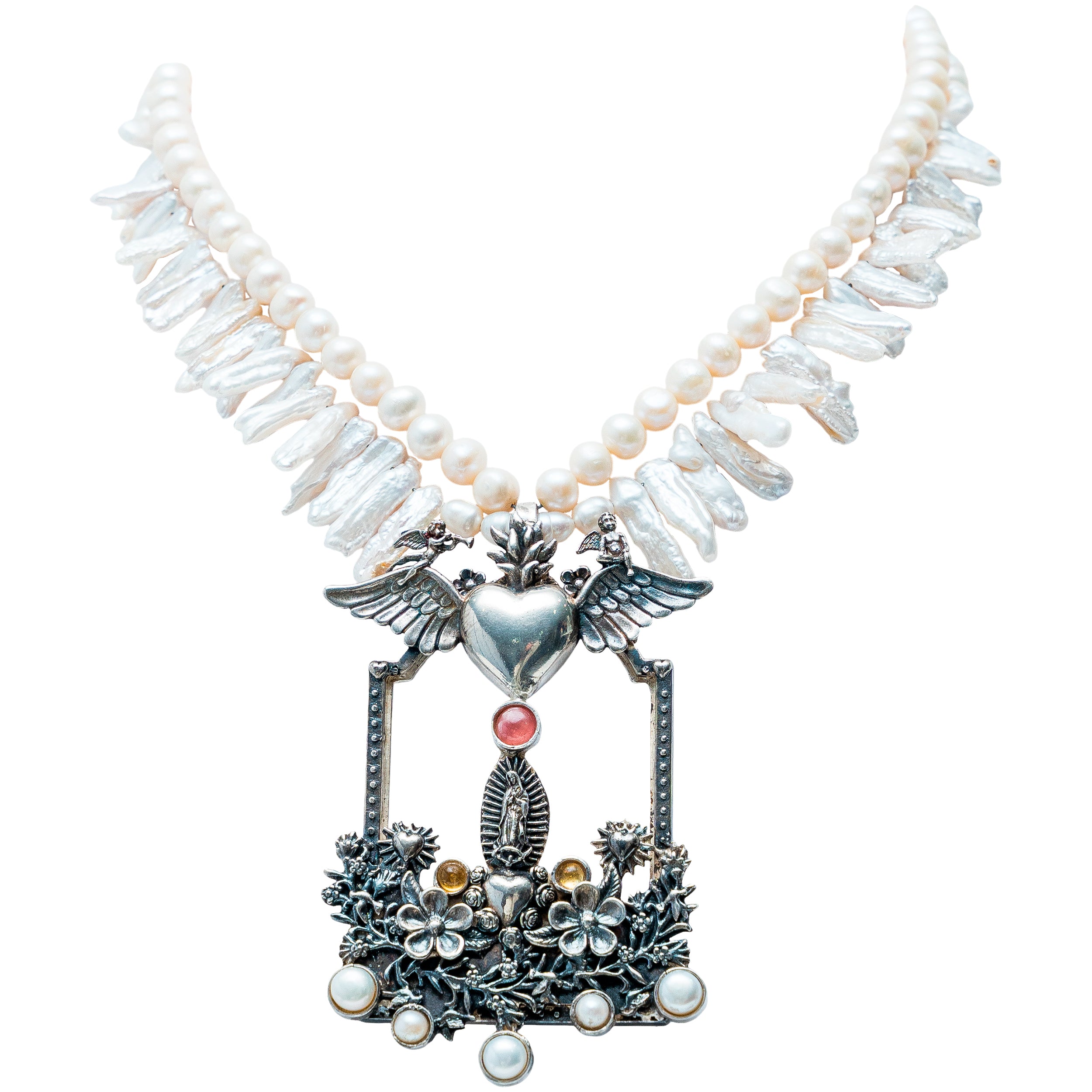 Collar Retablo de Guadalupe, joya de plata .925, con perla y rodocosita – Gabriela Sánchez (vista 2)