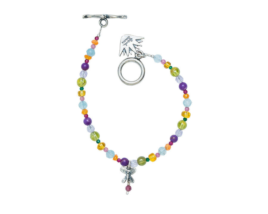 Pulsera con mariposita 4 alas, joya de plata .925, con amatista y rubí – Gabriela Sánchez
