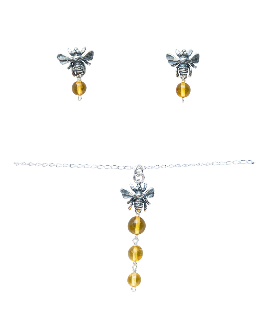 Set Abejita Derramando Miel, joya de plata .925, con ámbar – Gabriela Sánchez