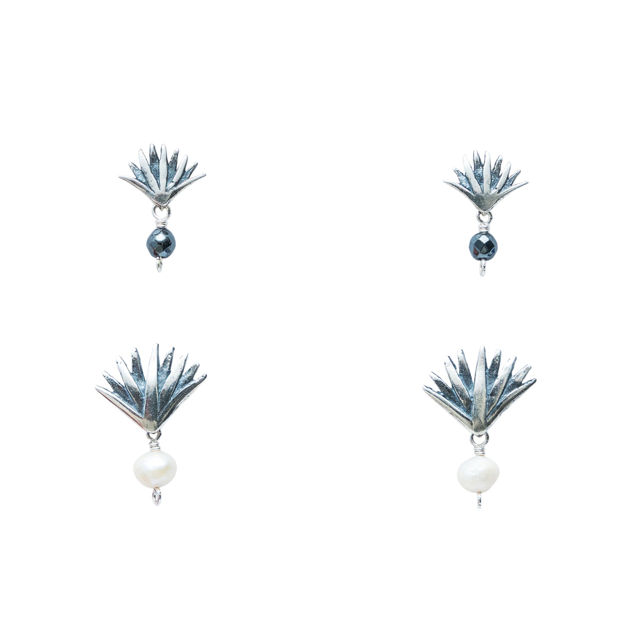 Set Aretes Agave Sueño, joya de plata .925, con perla y hematita – Gabriela Sánchez