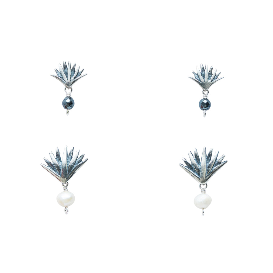 Set Aretes Agave Sueño, joya de plata .925, con perla y hematita – Gabriela Sánchez