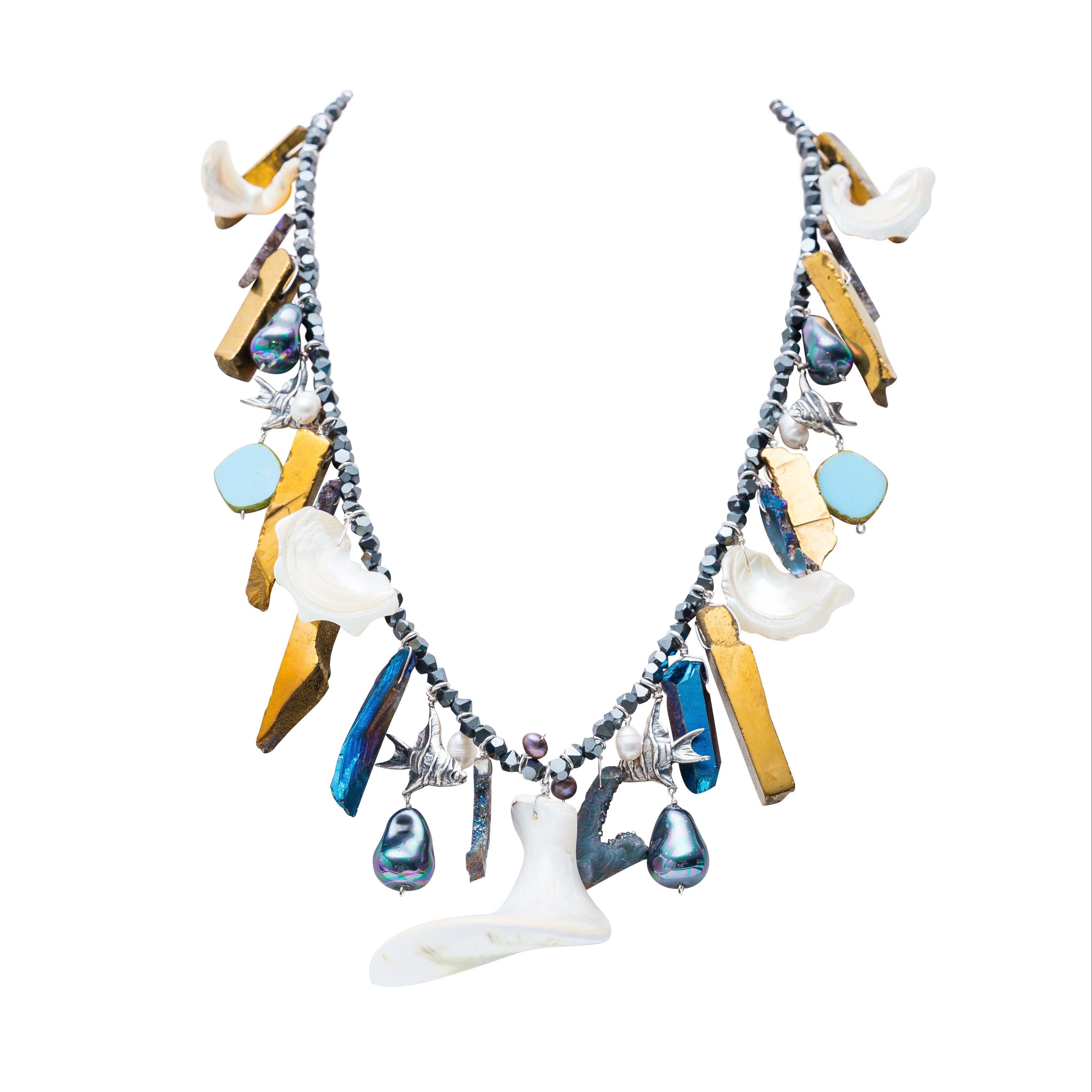 Collar Tesoros del Mar, joya de plata .925, con cuarzo y hematita – Gabriela Sánchez (vista 2)