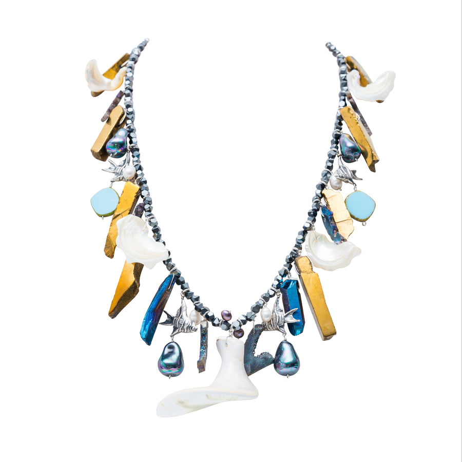 Collar Tesoros del Mar, joya de plata .925, con cuarzo y hematita – Gabriela Sánchez (vista 2)