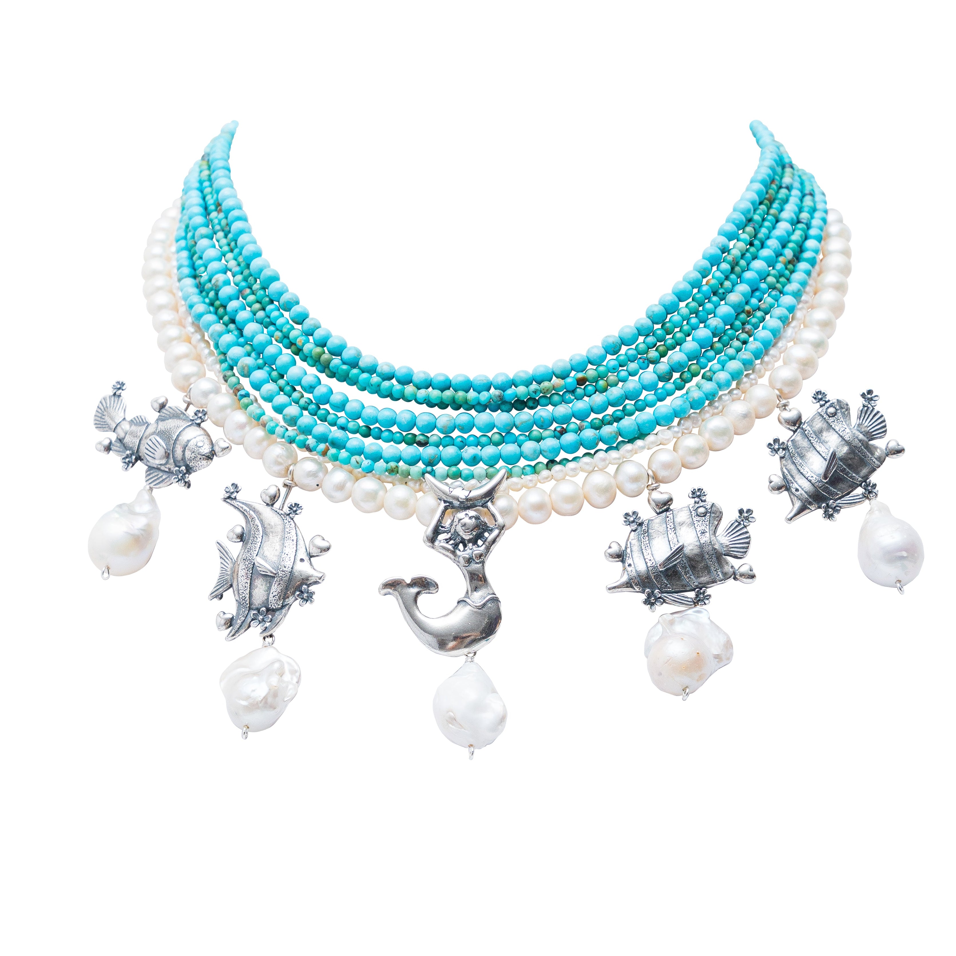 Collar Reina Sirena, joya de plata .925, con turquesa y perla – Gabriela Sánchez