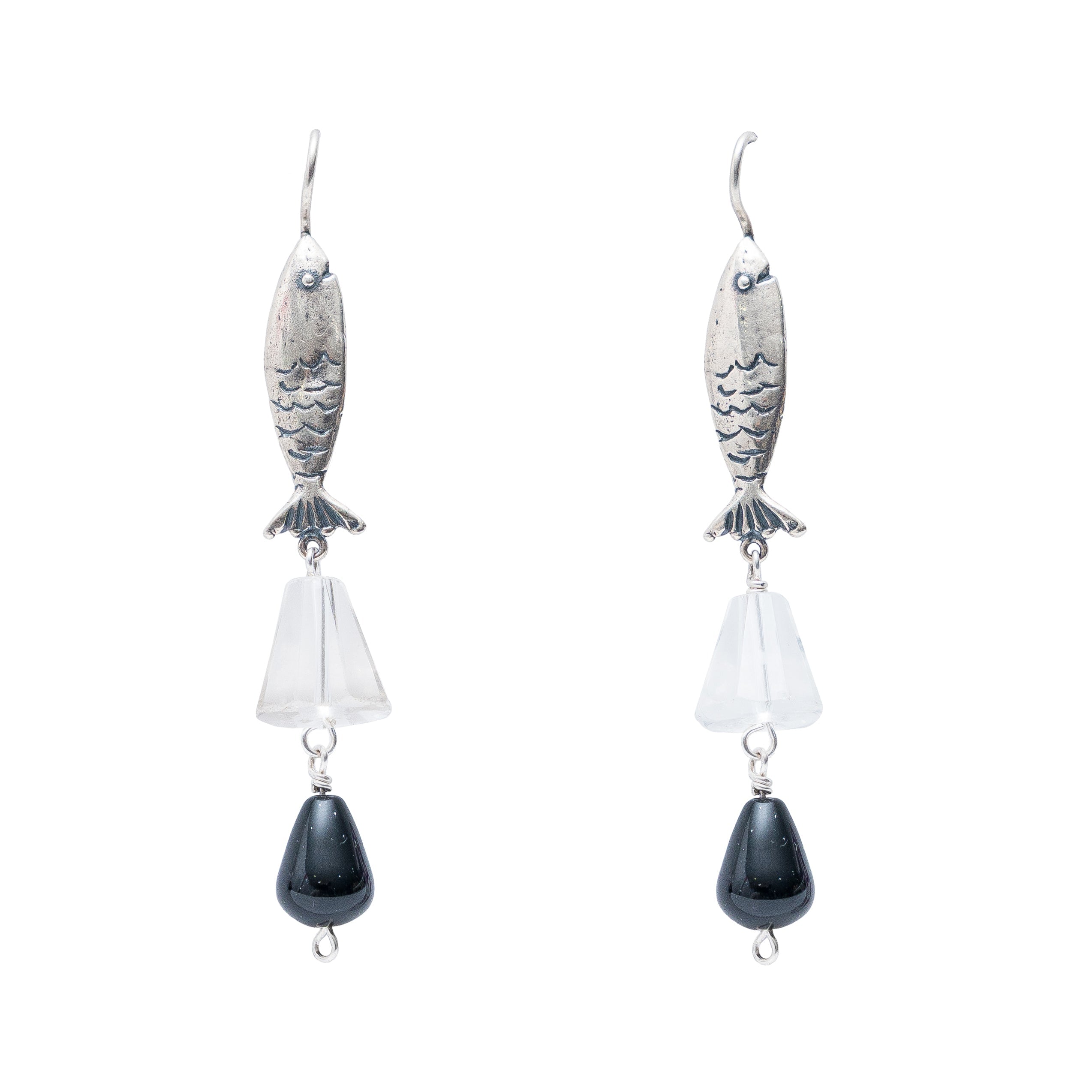 Aretes Cristales de Sal, joya de plata .925, con cuarzo y ónix – Gabriela Sánchez