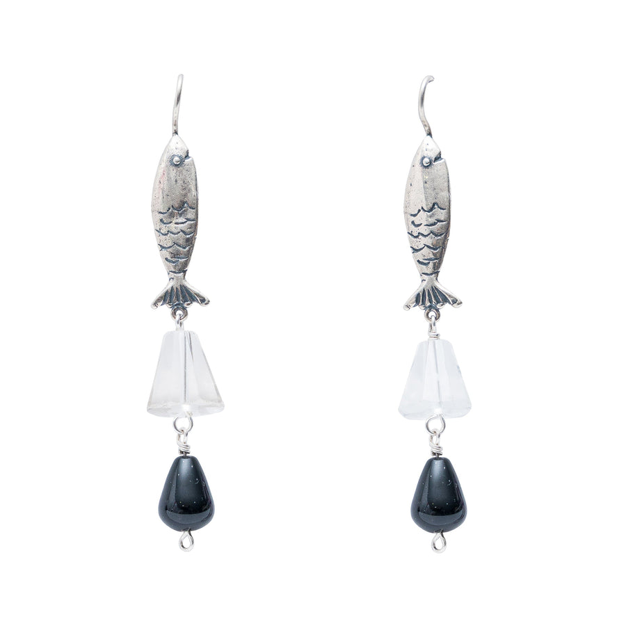 Aretes Cristales de Sal, joya de plata .925, con cuarzo y ónix – Gabriela Sánchez