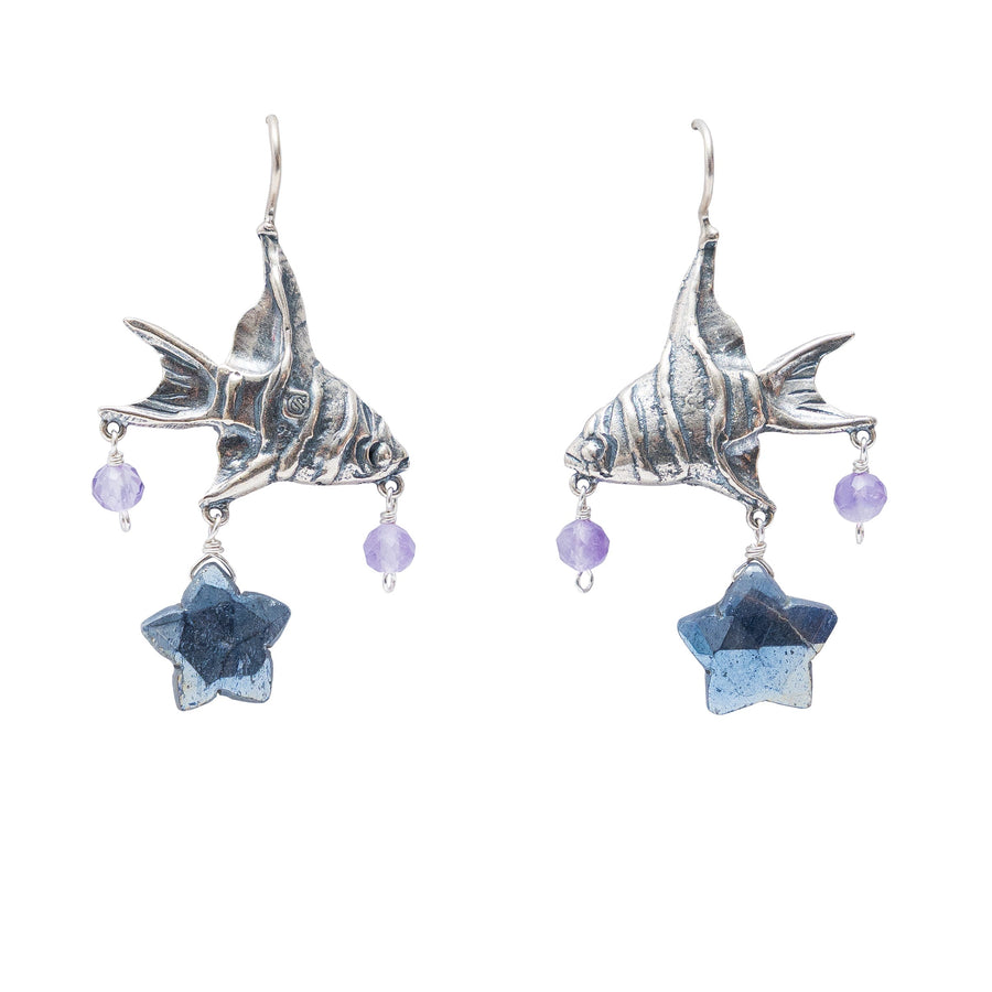 Aretes Pez Estrella, joya de plata .925, con amatista y labradorita – Gabriela Sánchez