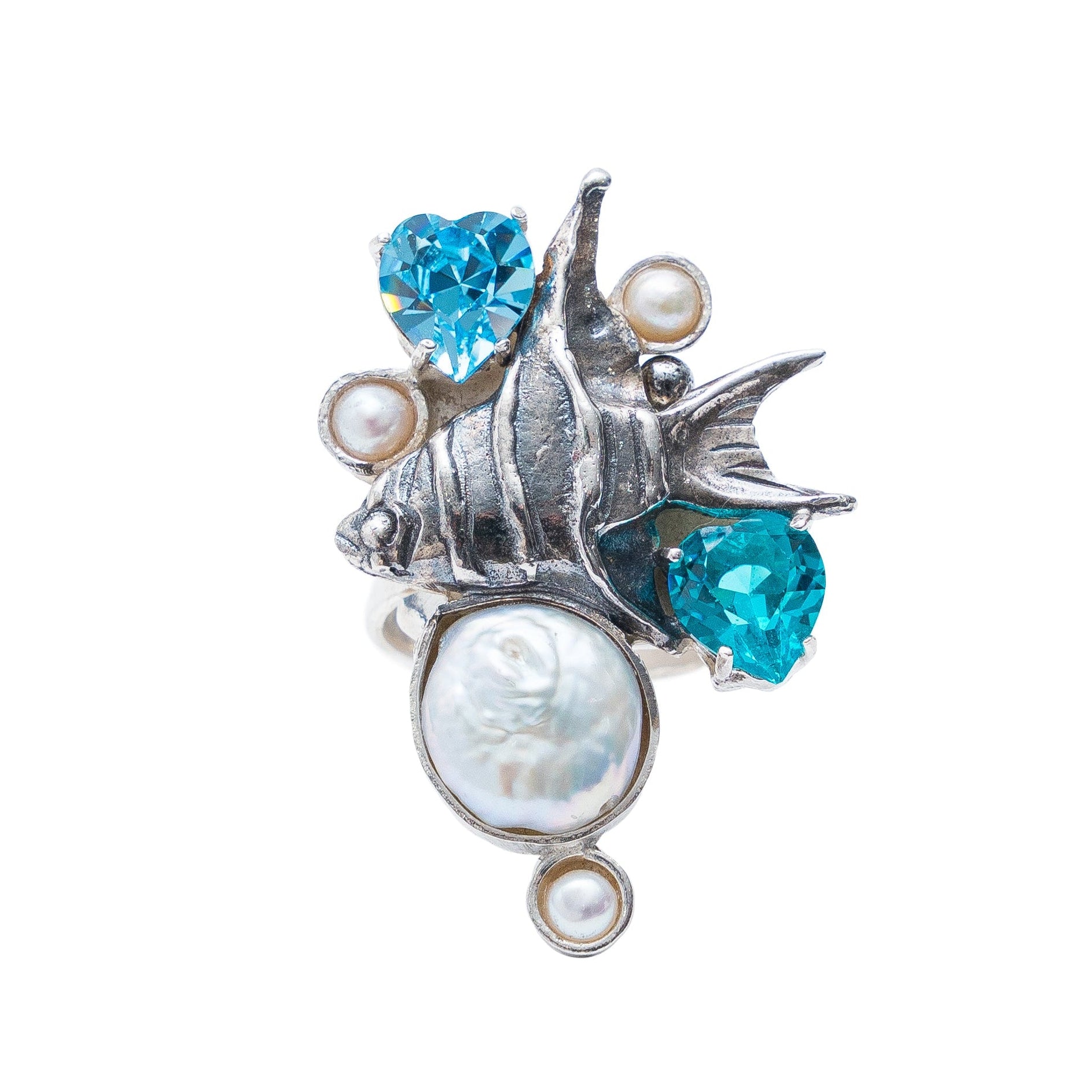 Anillo Arrecife, joya de plata .925, con cristal Swarovski y perla – Gabriela Sánchez
