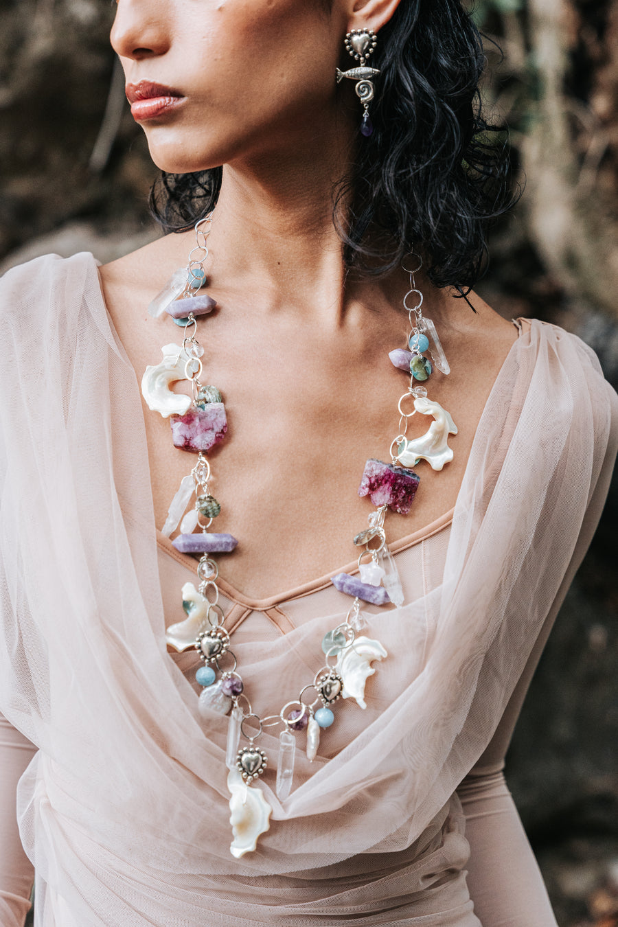 Collar Laguna Rosa, joya de plata .925, con cuarzo y cuarzo rosa – Gabriela Sánchez