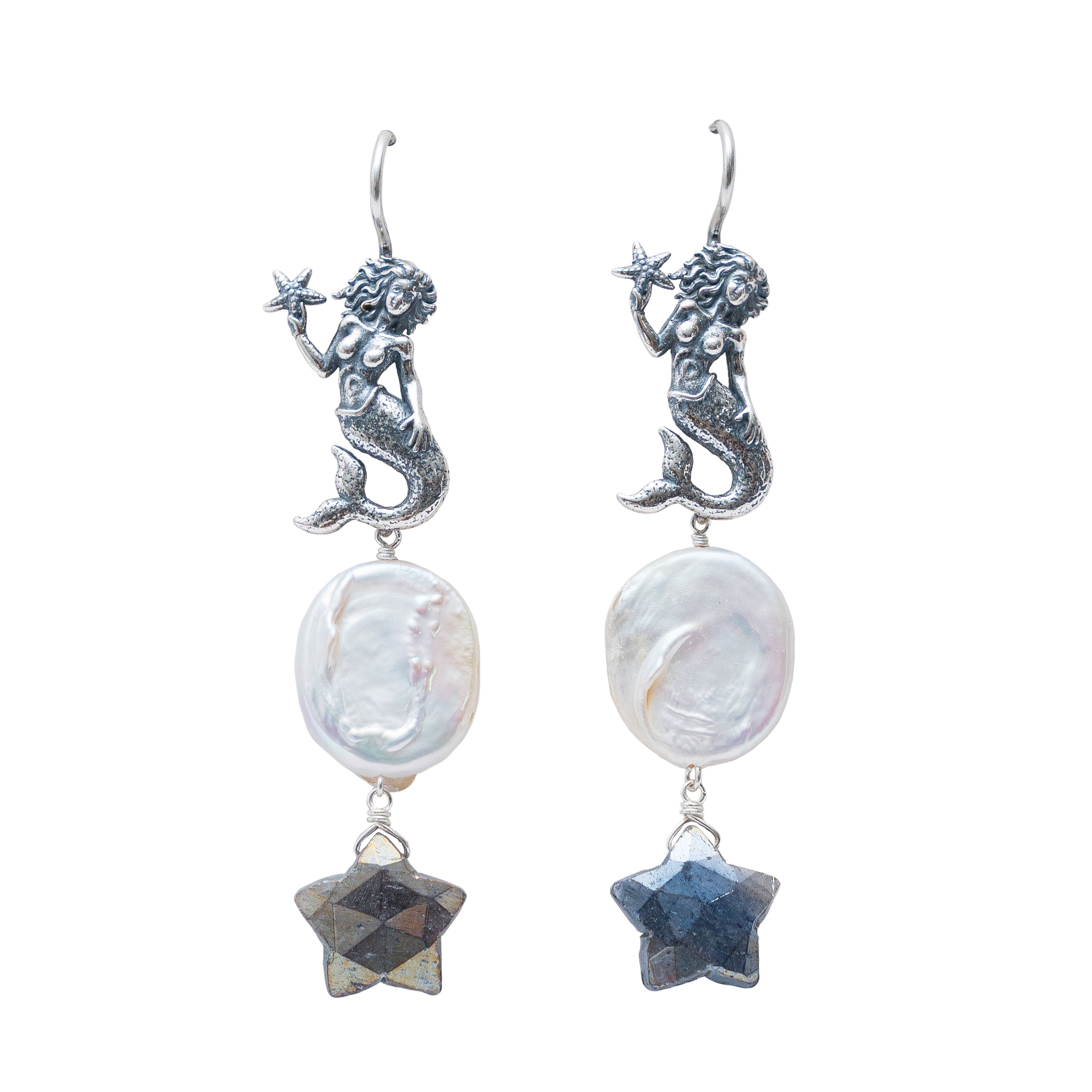 Aretes Cielo de Sirena, joya de plata .925, con perla y labradorita – Gabriela Sánchez
