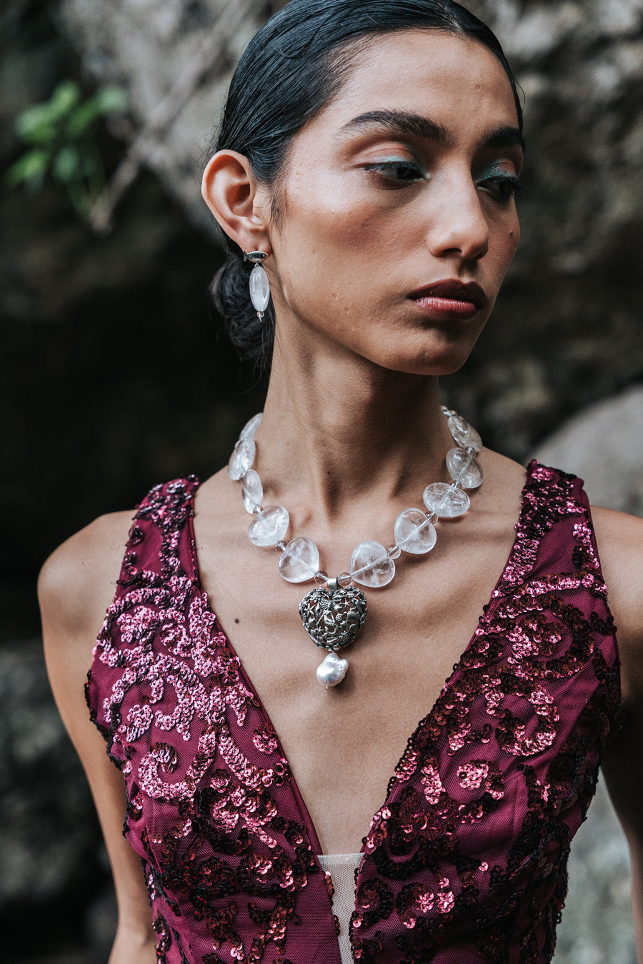 Collar Corazón Marino, joya de plata .925, con cuarzo y perla – Gabriela Sánchez (vista 5)