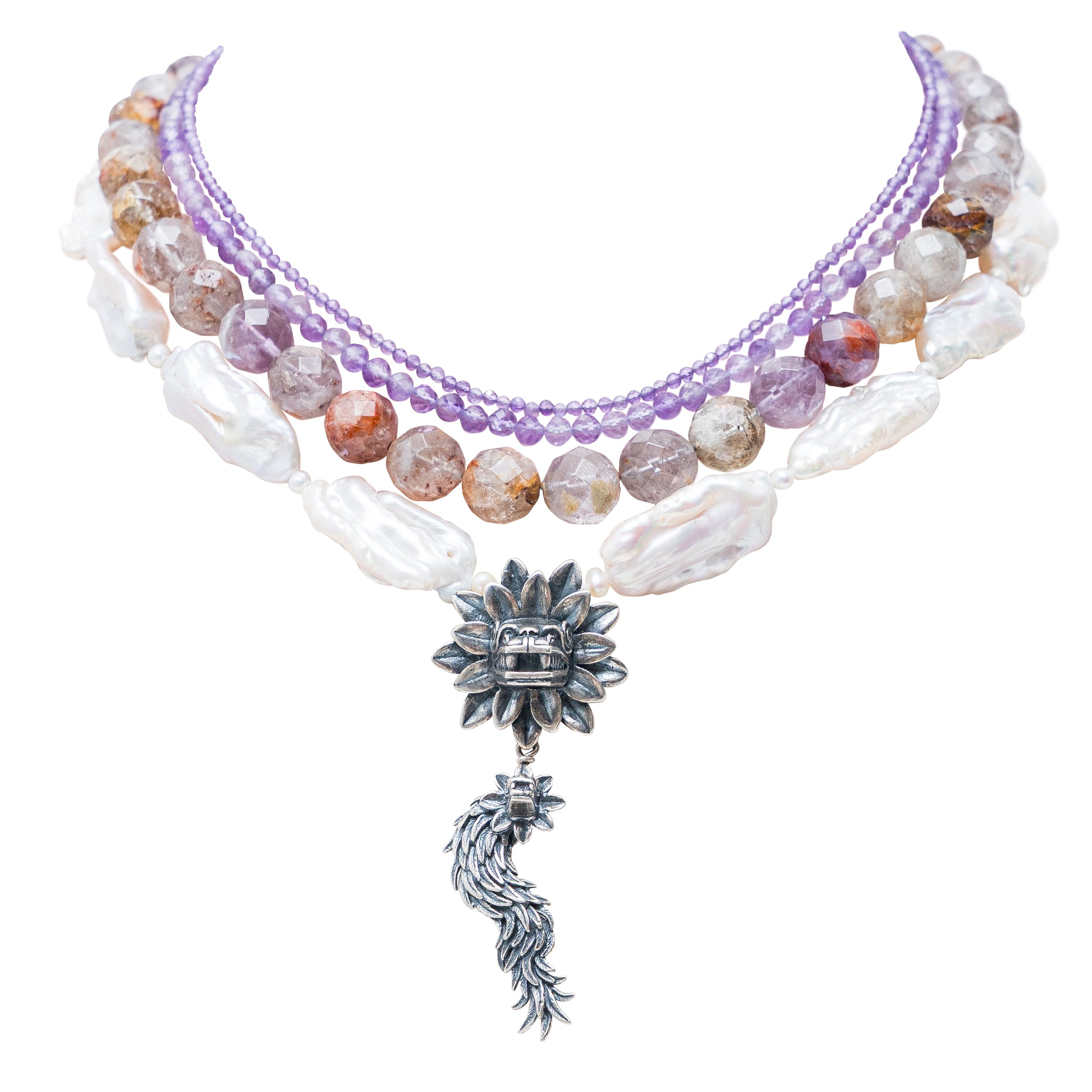 Collar Los Trece cielos, joya de plata .925, con amatista y perla – Gabriela Sánchez