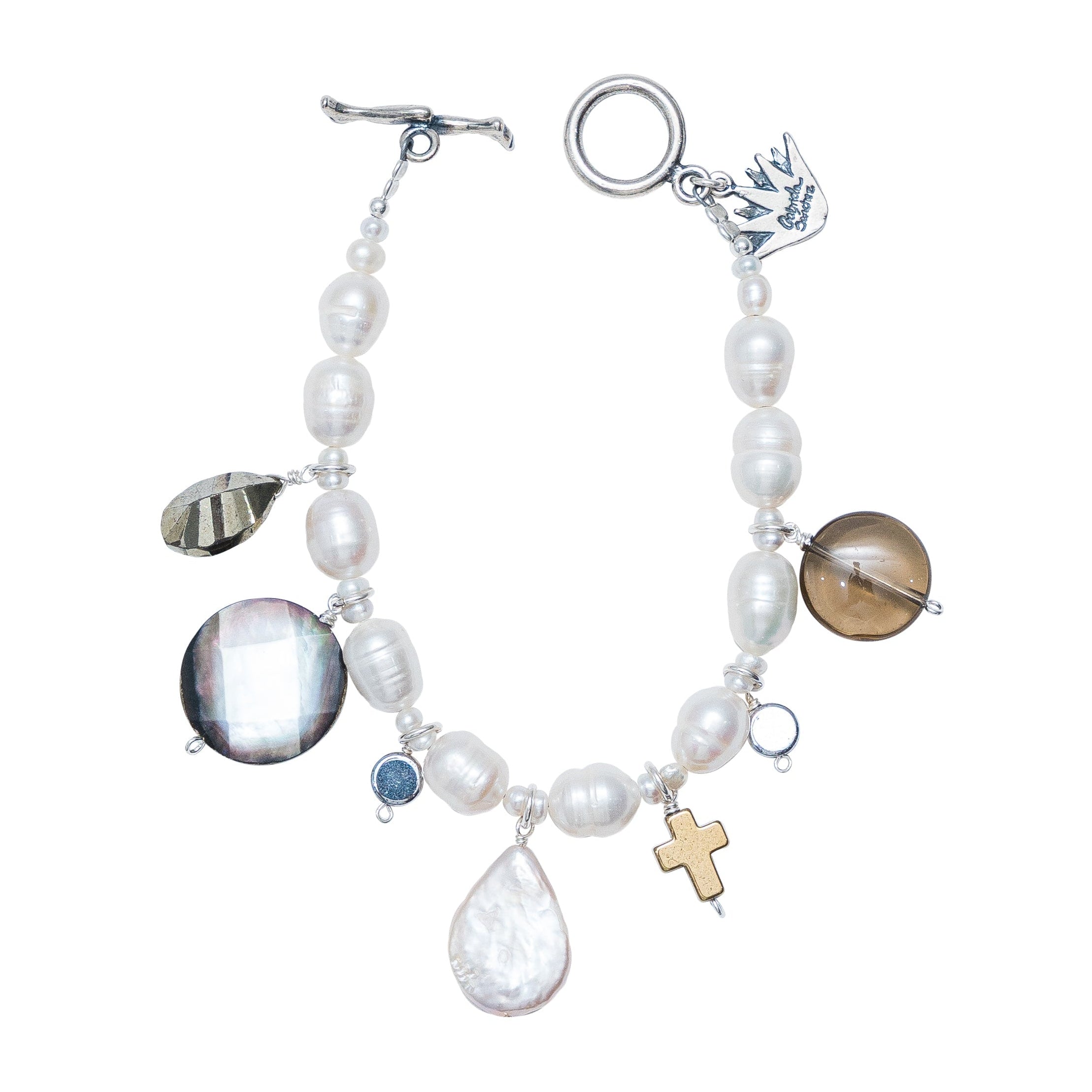 Pulsera Cacao y Copal, joya de plata .925, con perla y cuarzo ahumado – Gabriela Sánchez