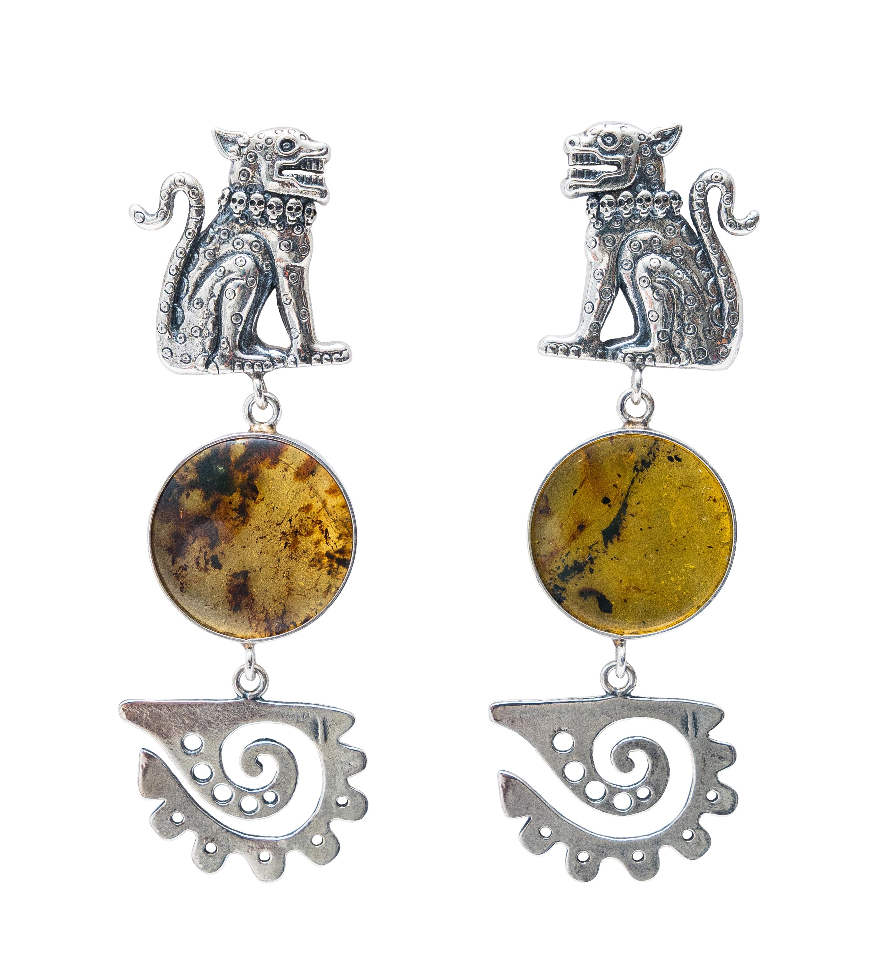Aretes Guerrero Jaguar con Ámbar, joya de plata .925 – Gabriela Sánchez
