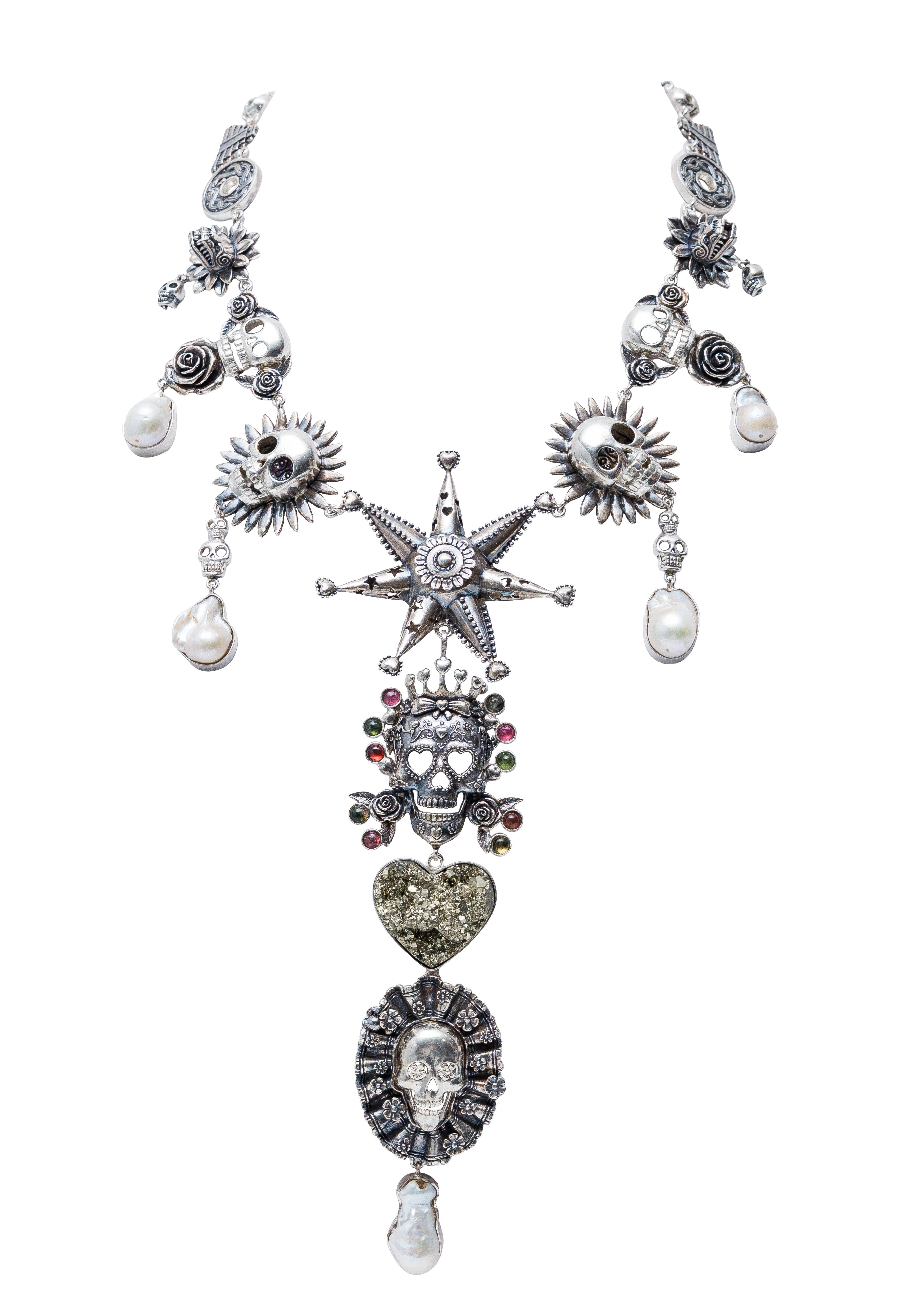 Collar Fiesta Mestiza, joya de plata .925, con perla y pirita – Gabriela Sánchez